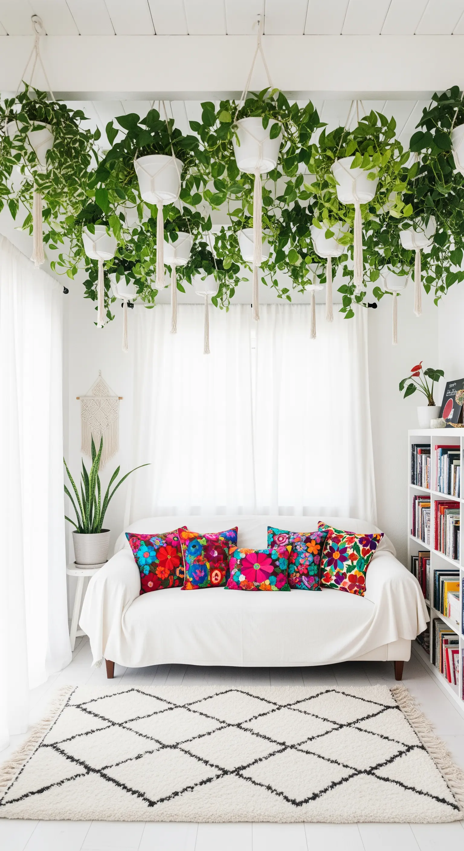 Salotto total white con un soffitto interamente ricoperto di piante verdi in vasi bianchi.