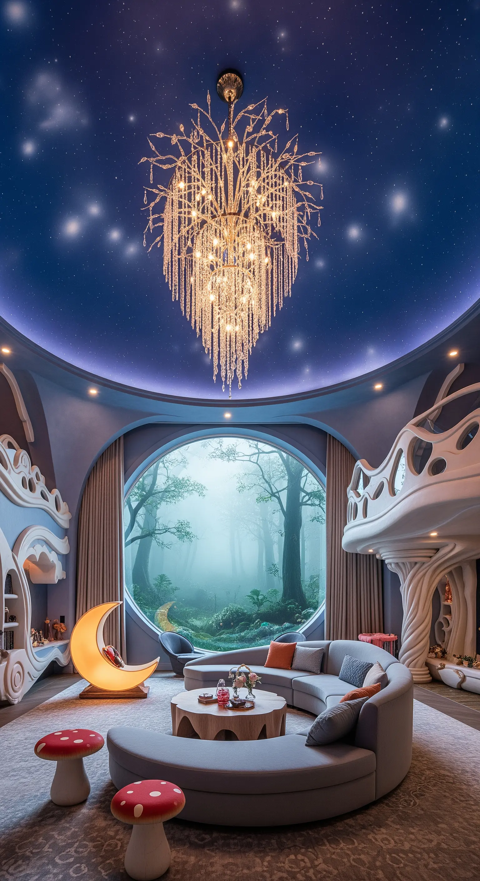 Stanza dei giochi a tema fantasy con soffitto stellato e un lampadario a forma di ramo di cristallo.
