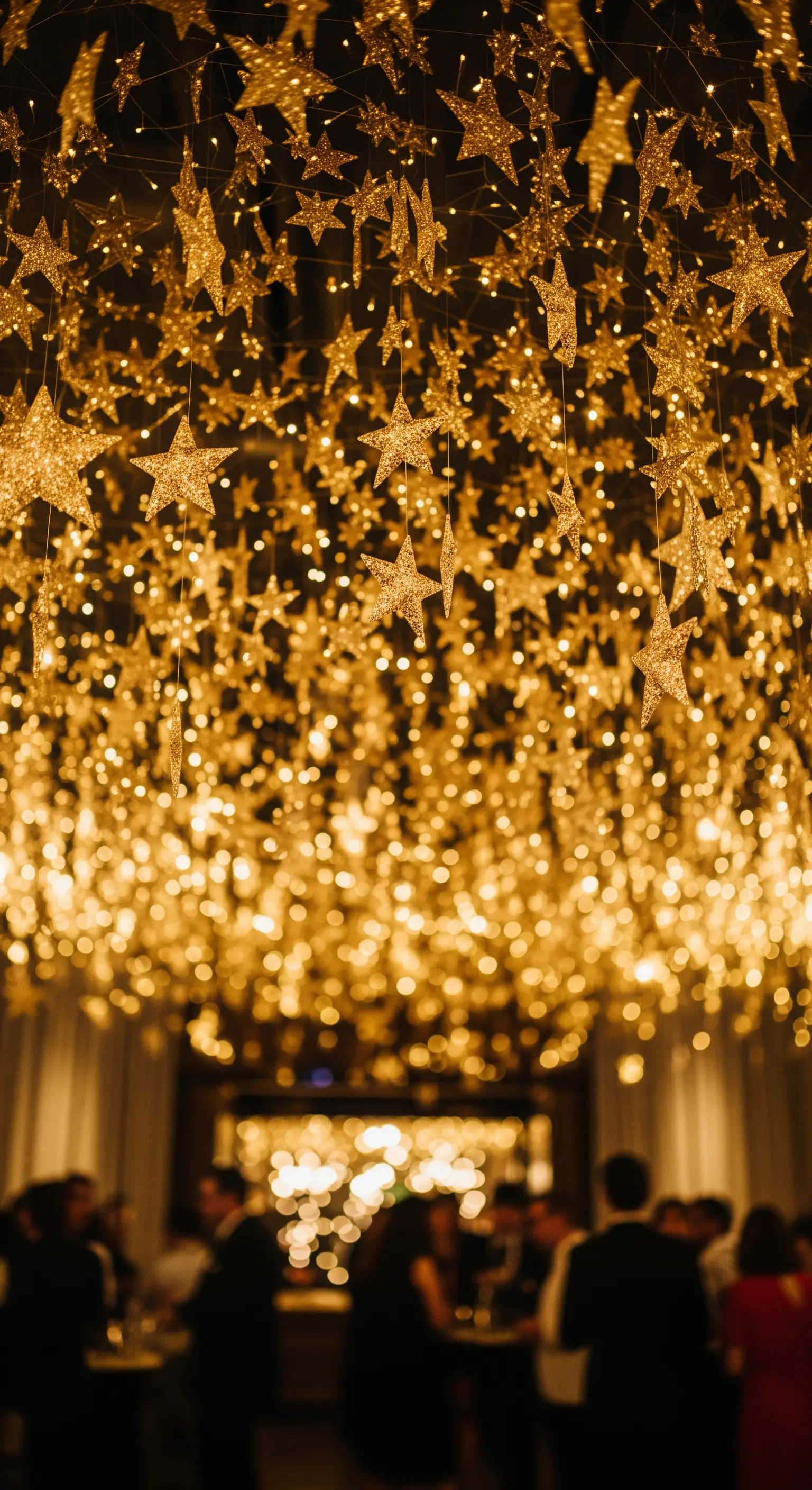 Soffitto interamente coperto da stelle dorate glitterate e luci calde per una festa