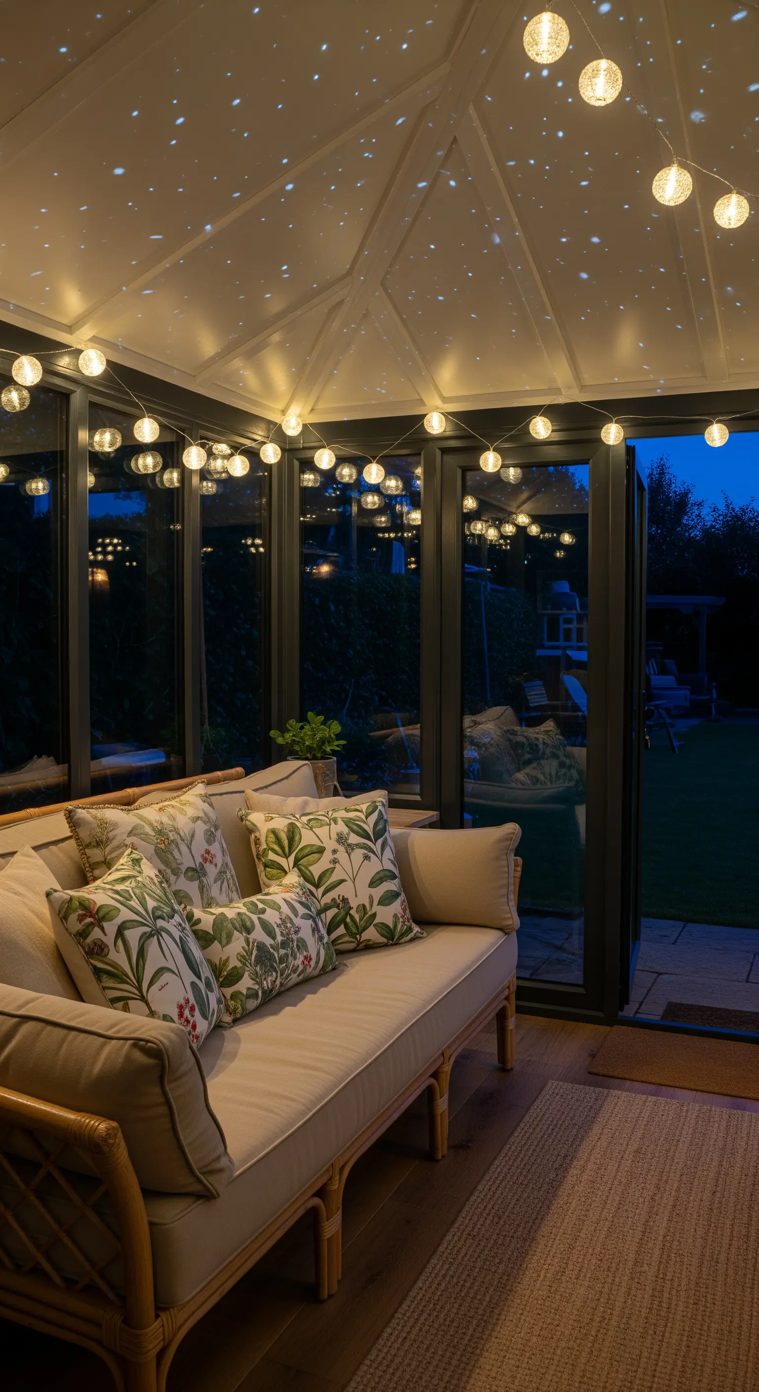 Veranda con tetto in vetro illuminata da ghirlande di luci a globo che creano un effetto stellato.