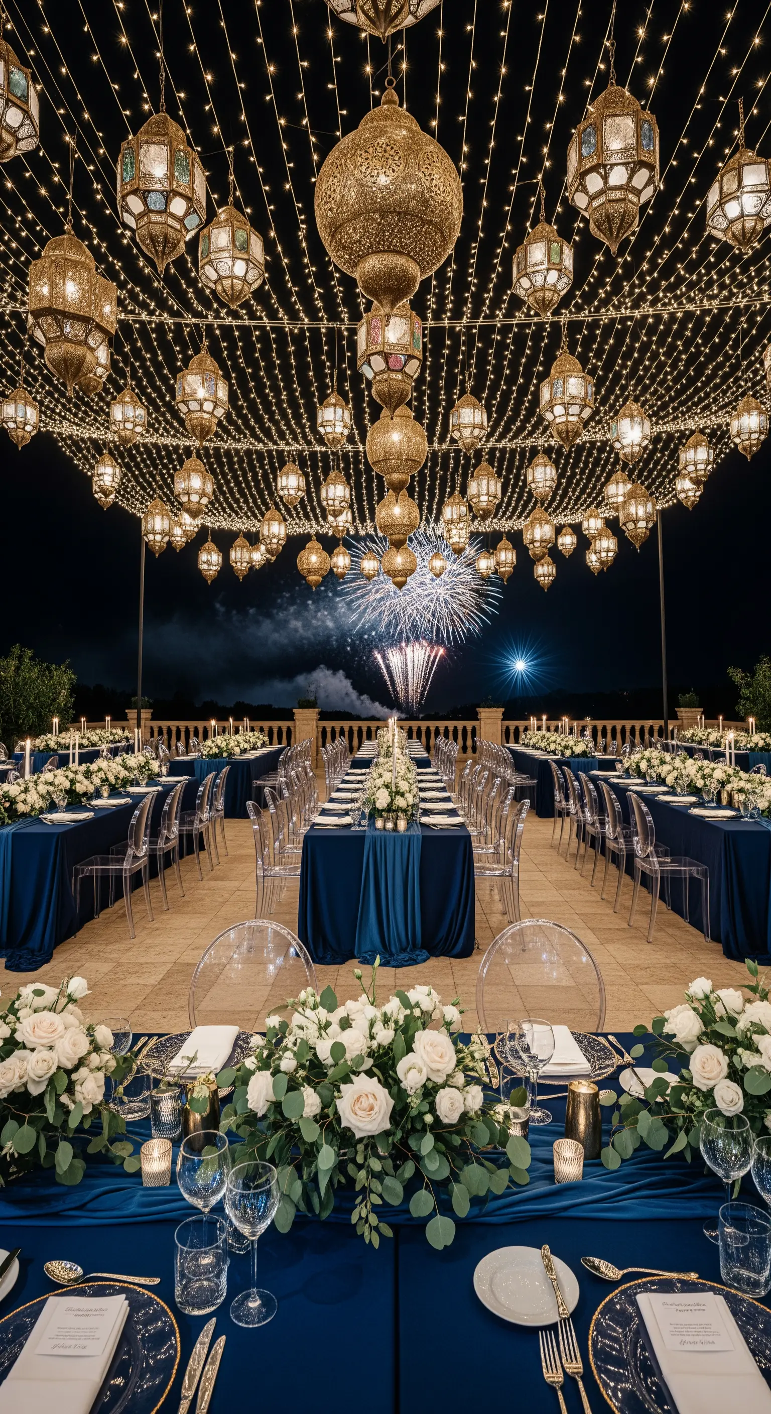 Tavoli imperiali blu sotto un soffitto di lanterne marocchine dorate e lucine, con fuochi d'artificio