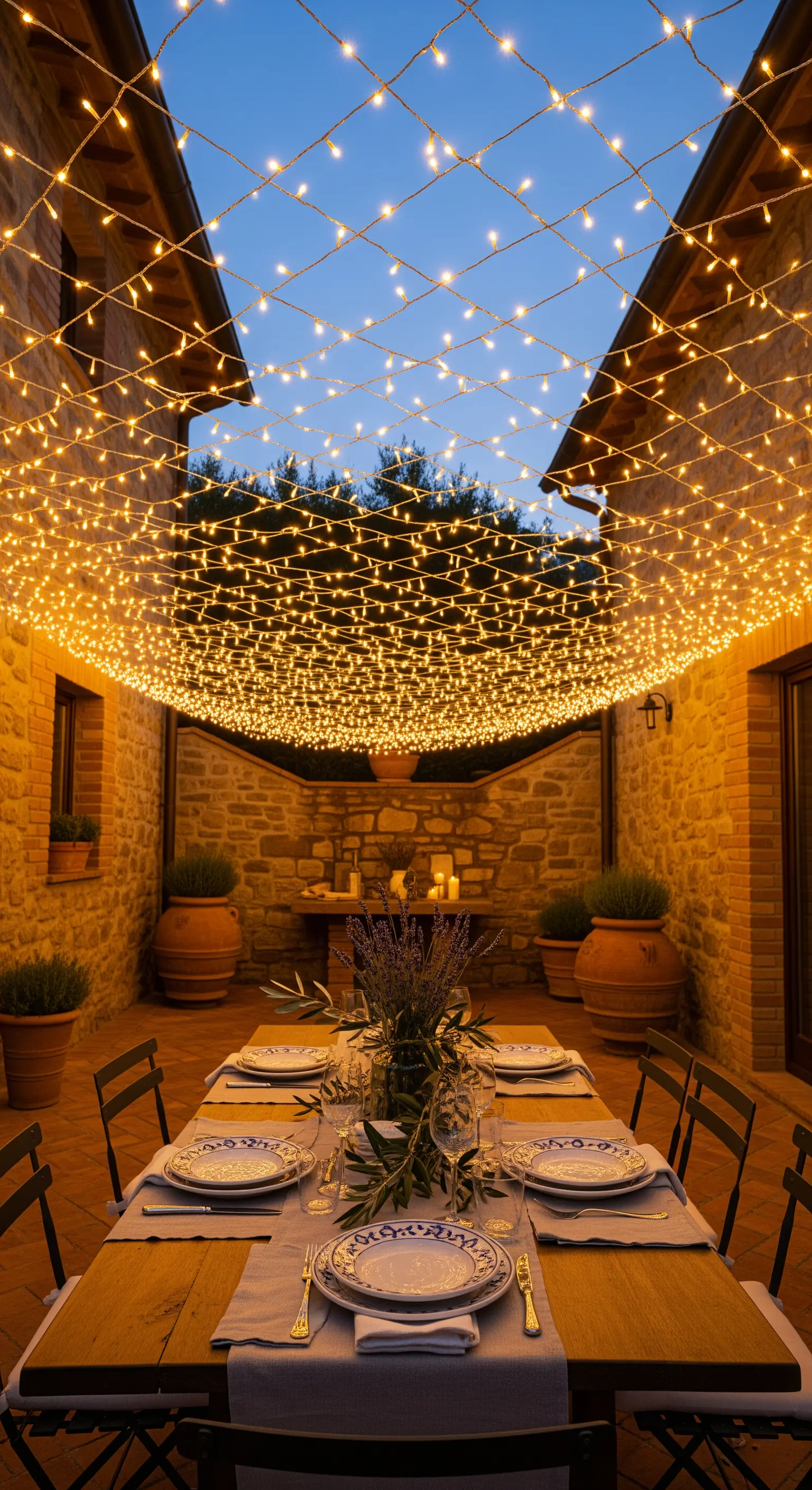 Tavola all'aperto sotto un soffitto di lucine calde in un cortile in pietra.