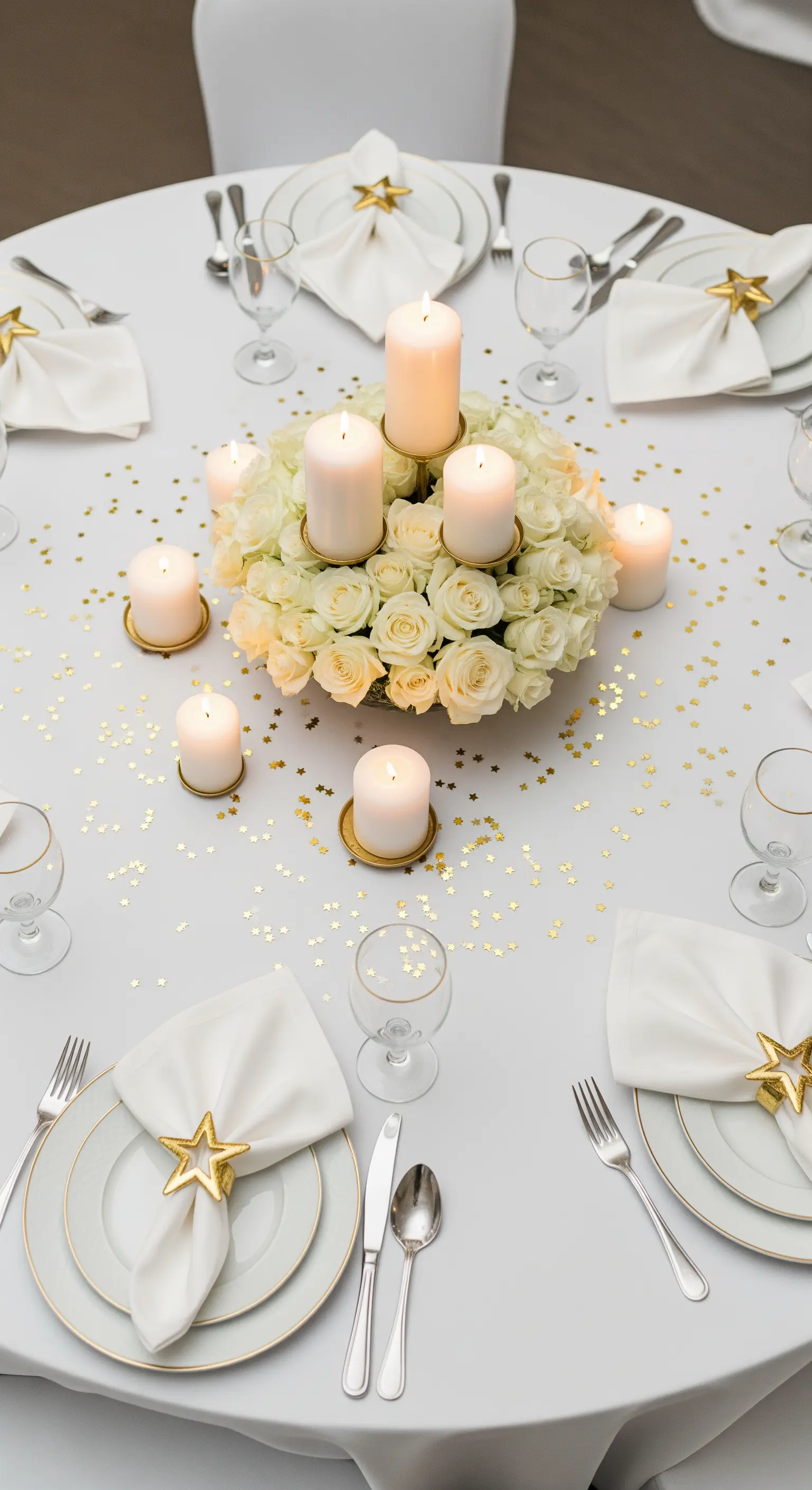 Centrotavola con rose bianche e candele, circondato da coriandoli dorati a forma di stella.