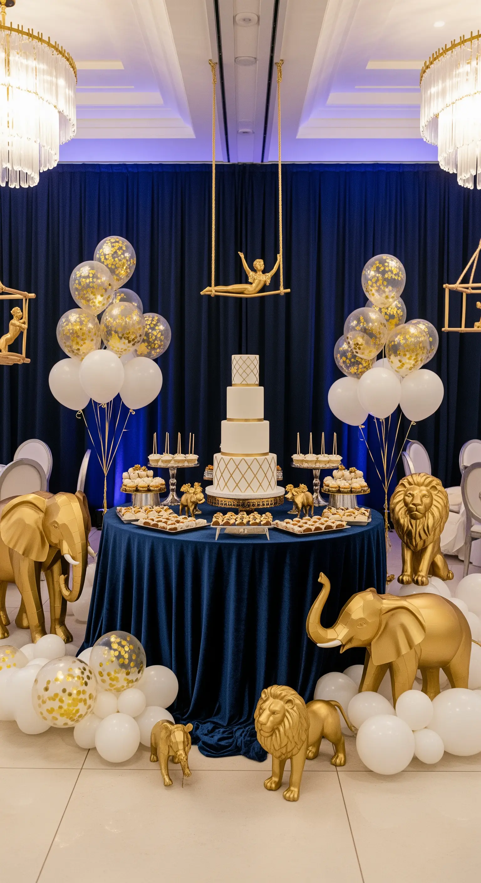 Allestimento glamour a tema circo con velluto blu, animali dorati e palloncini bianchi.