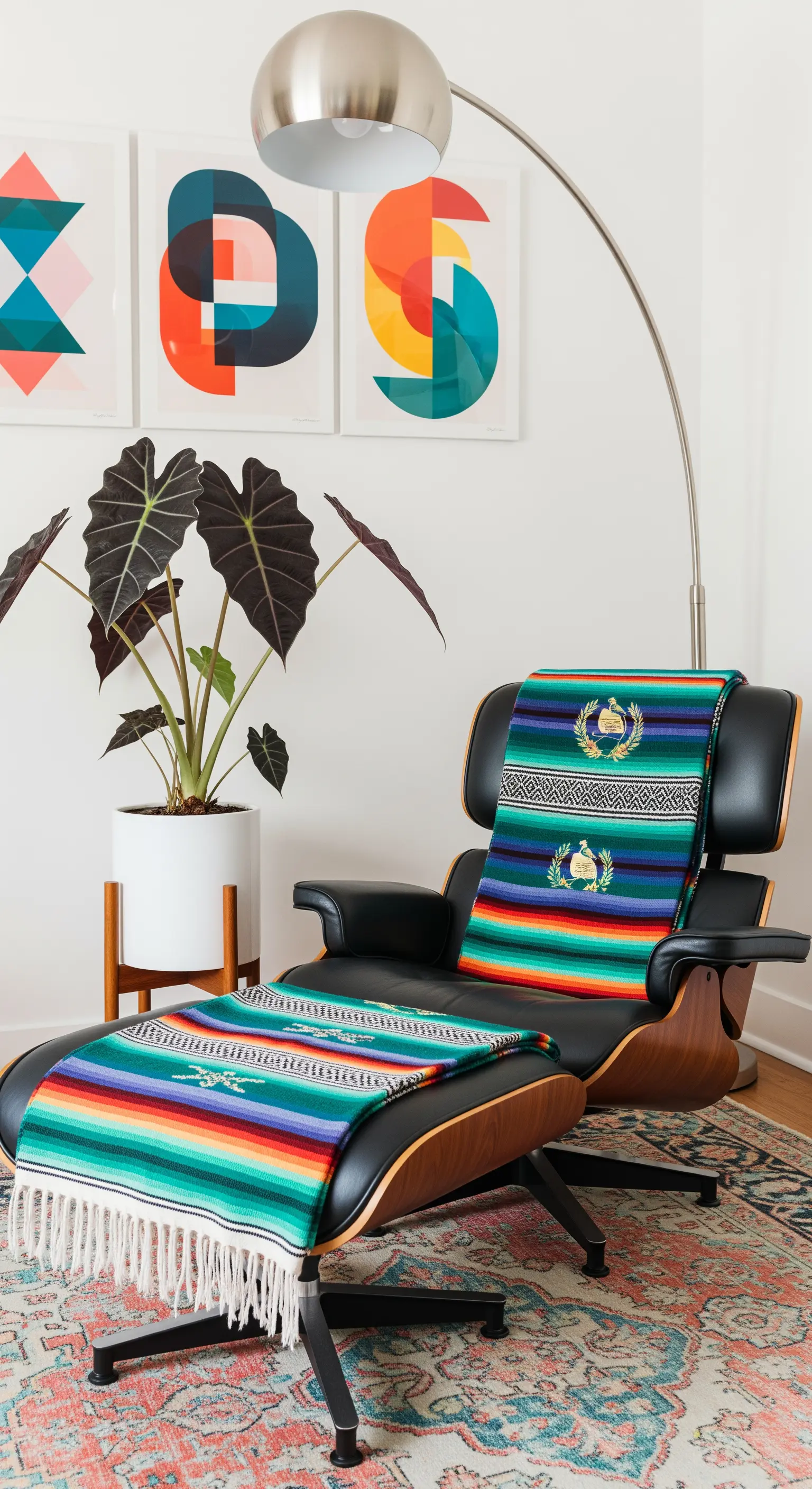 Lounge chair nera in stile Eames con una vivace coperta a righe colorate di ispirazione guatemalteca.