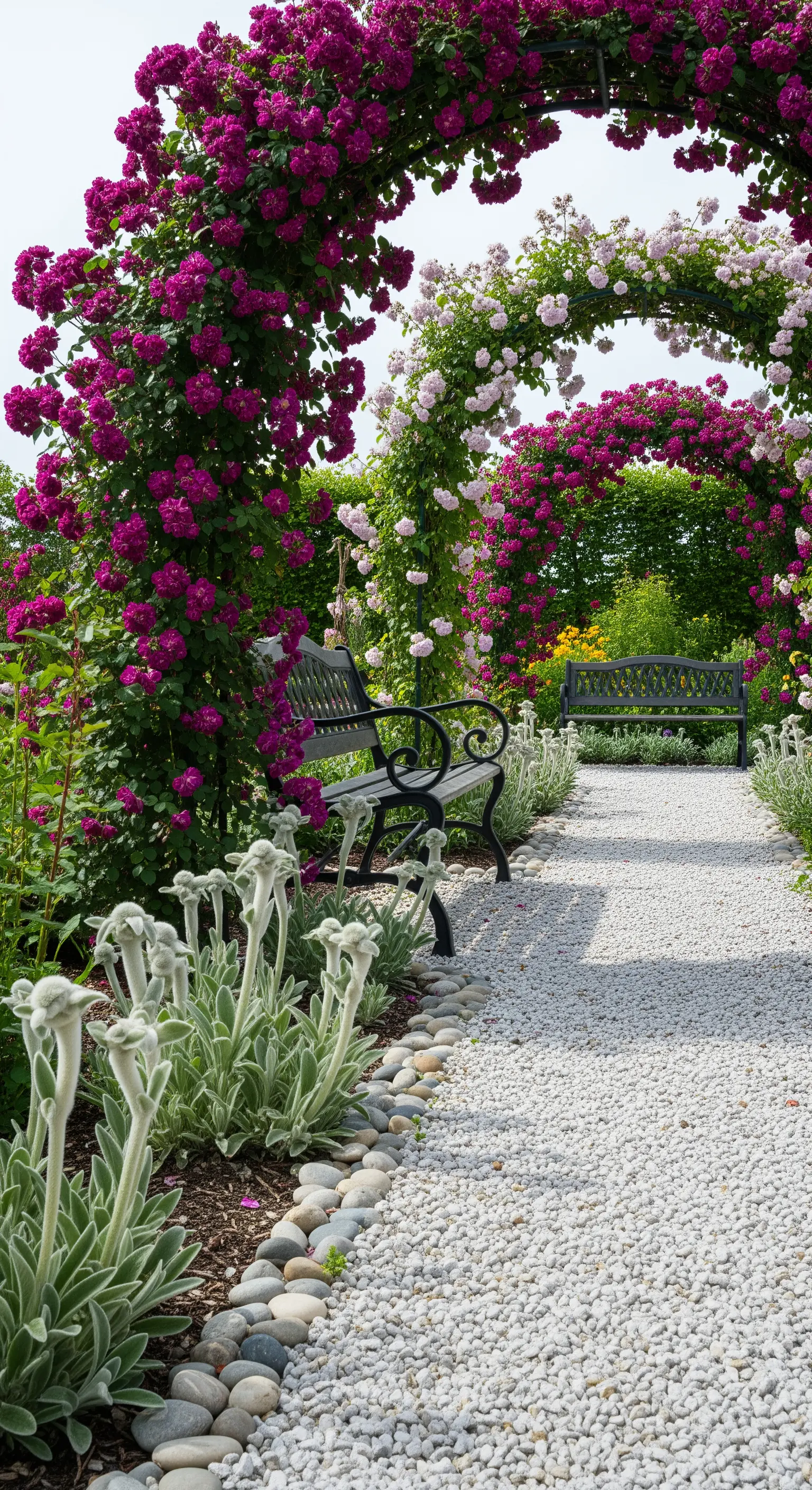 Sentiero di ghiaia bianca bordato da sassi di fiume e piante dalle foglie argentee e vellutate.