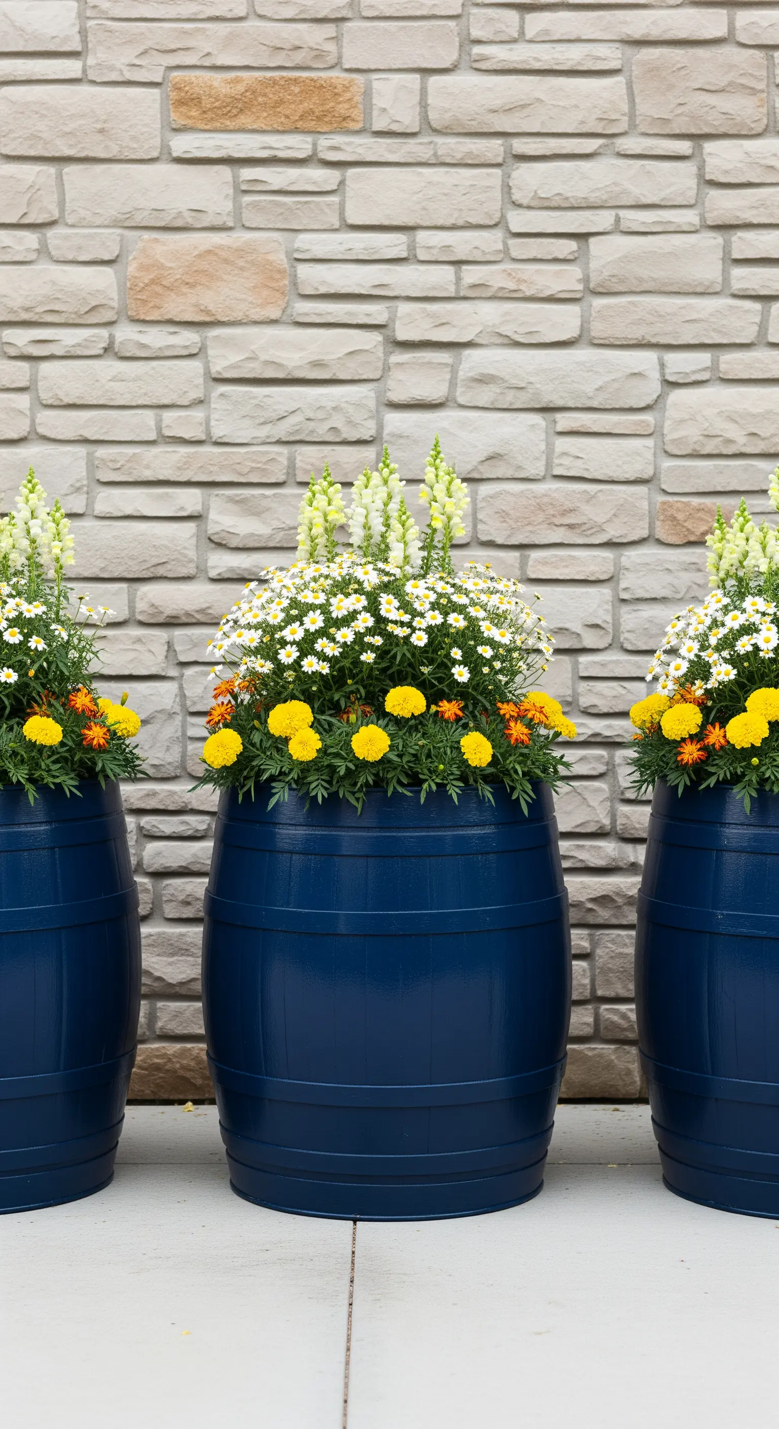 Botti blu con fiori gialli, arancioni e bianchi, posizionate davanti a un muro di pietra chiara.