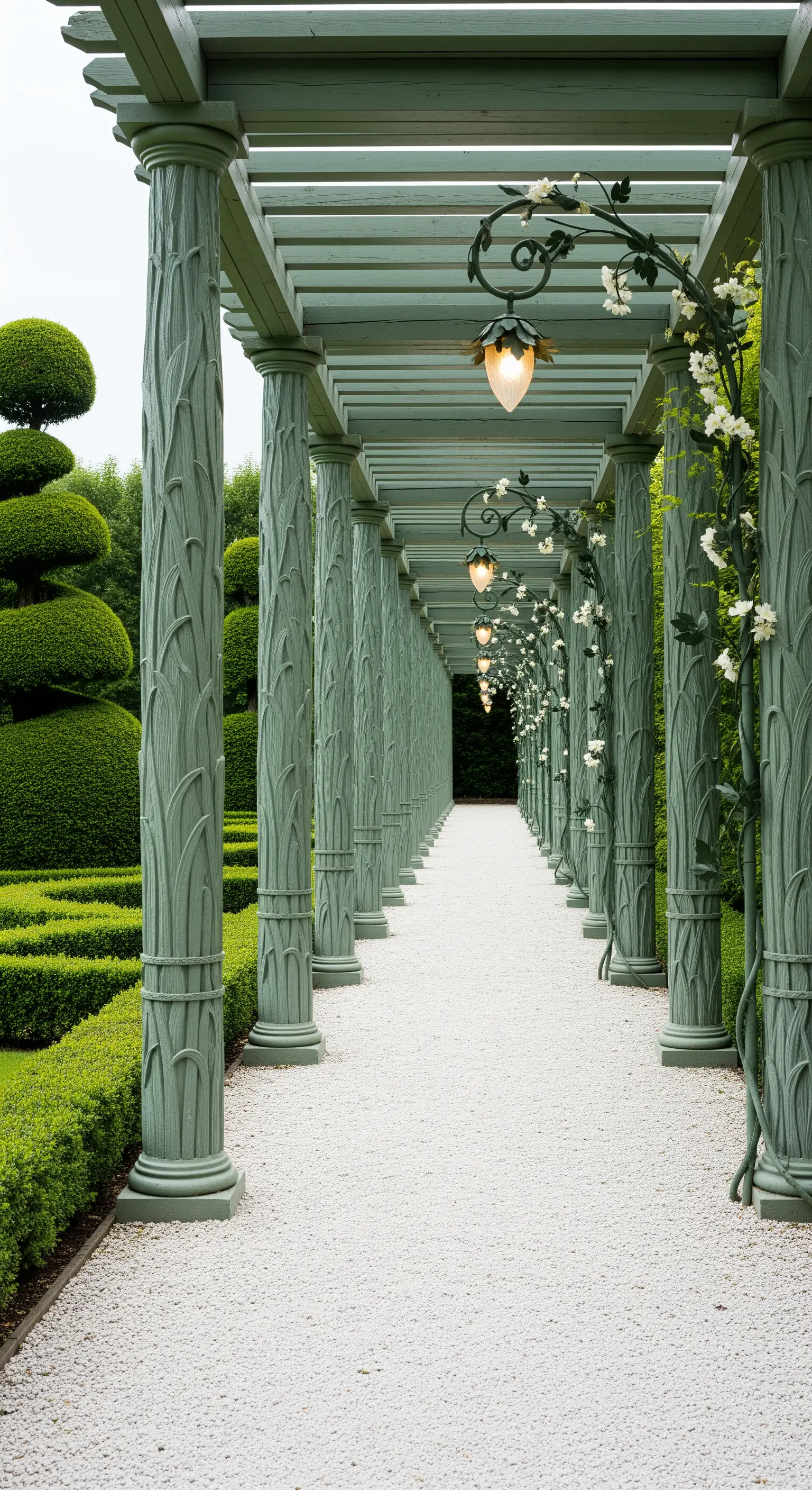 Lungo pergolato verde con colonne intagliate, illuminato da lampade a forma di fiore.