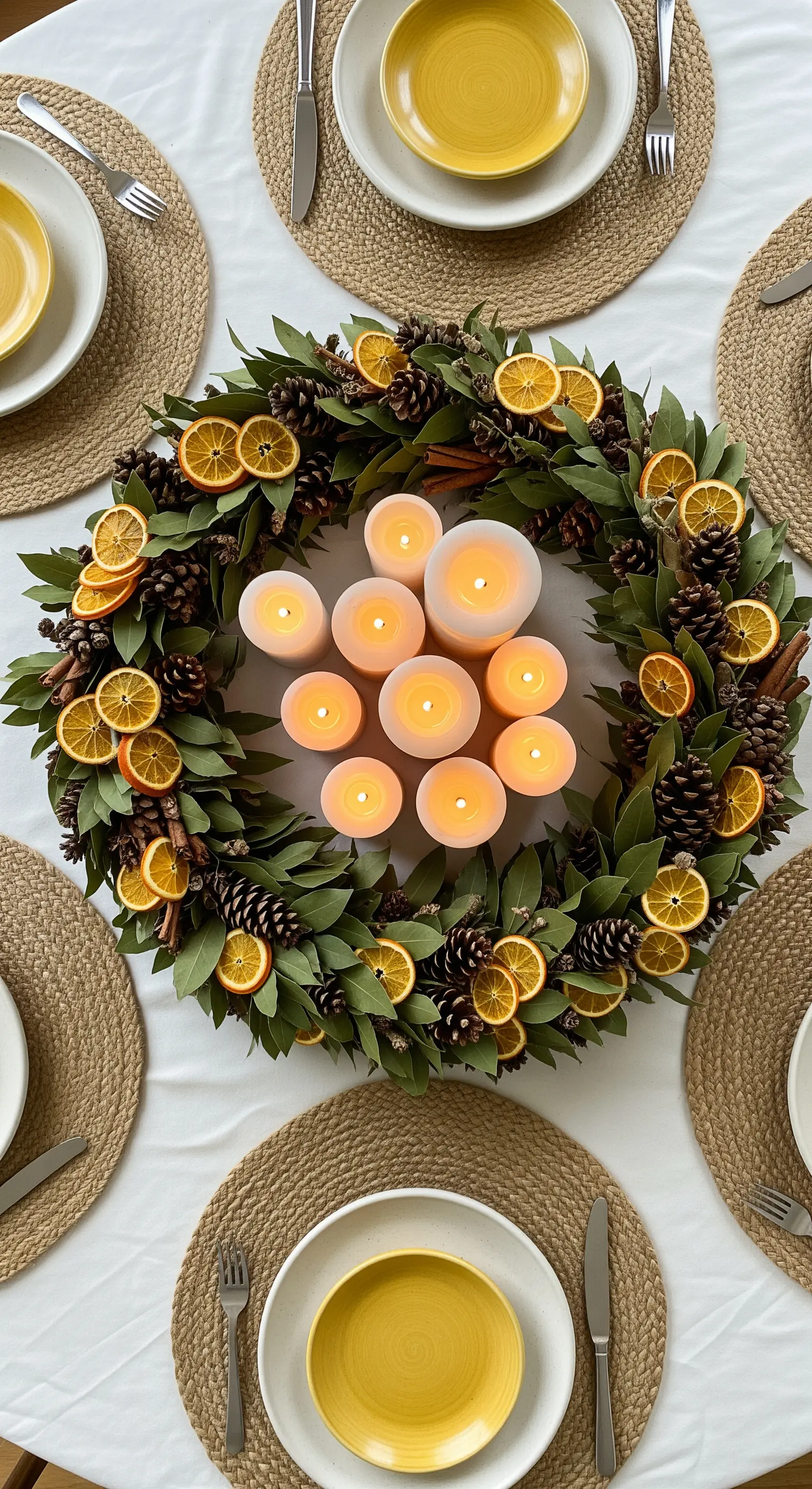Ghirlanda di agrumi e pigne con al centro un gruppo di candele accese, vista dall'alto