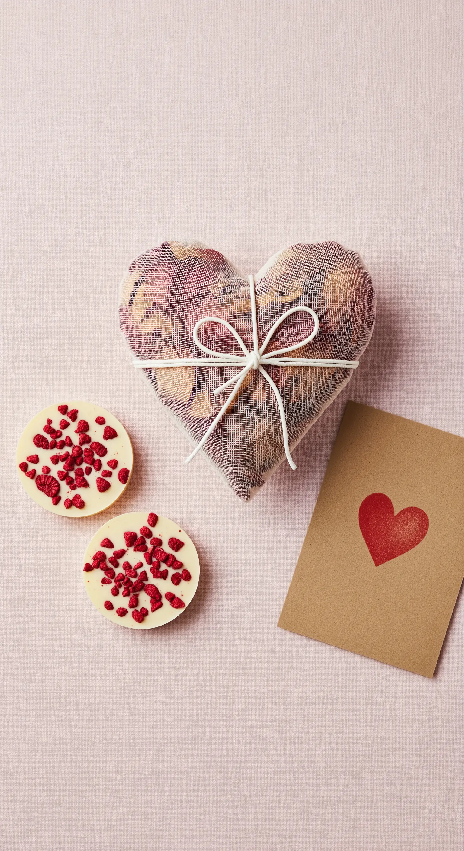 Set regalo con sacchetto a forma di cuore, cioccolatini bianchi ai lamponi e biglietto.