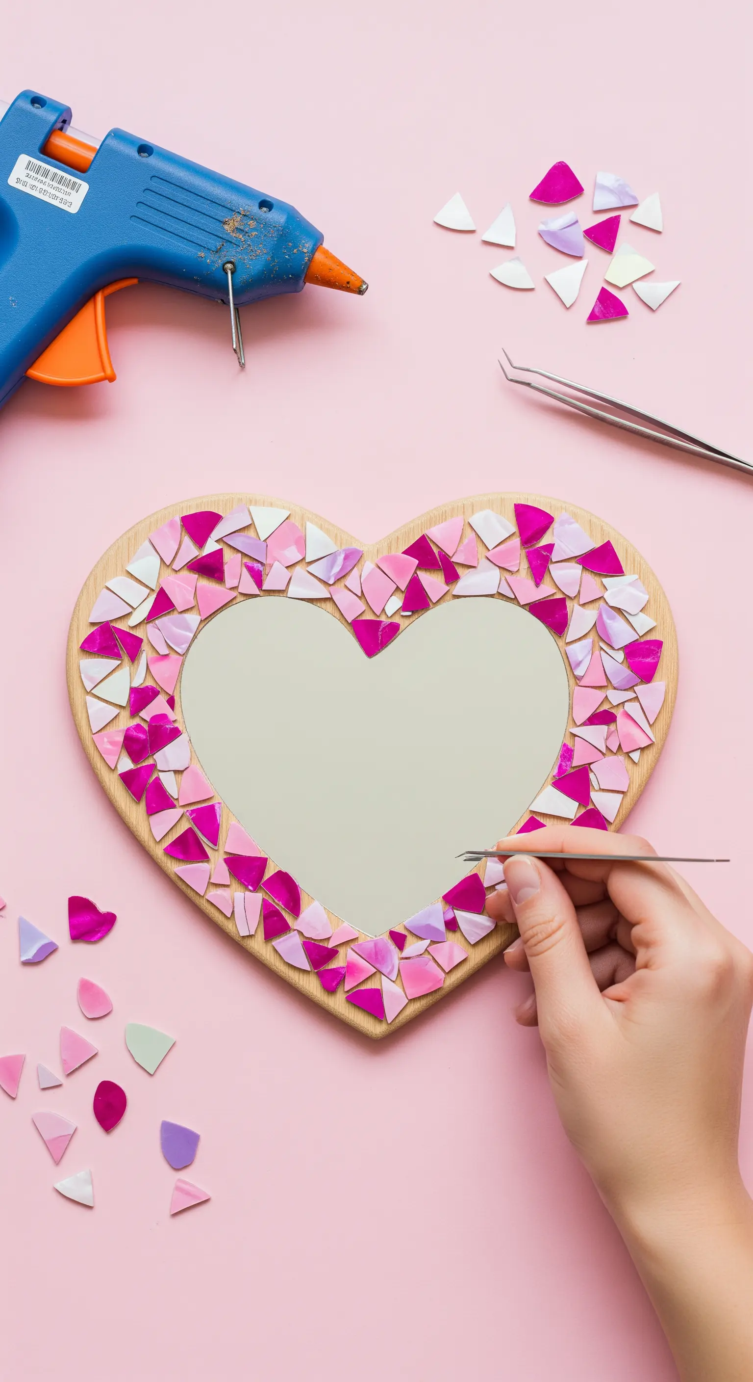 Creazione di un mosaico su uno specchio a forma di cuore con tessere rosa e viola.