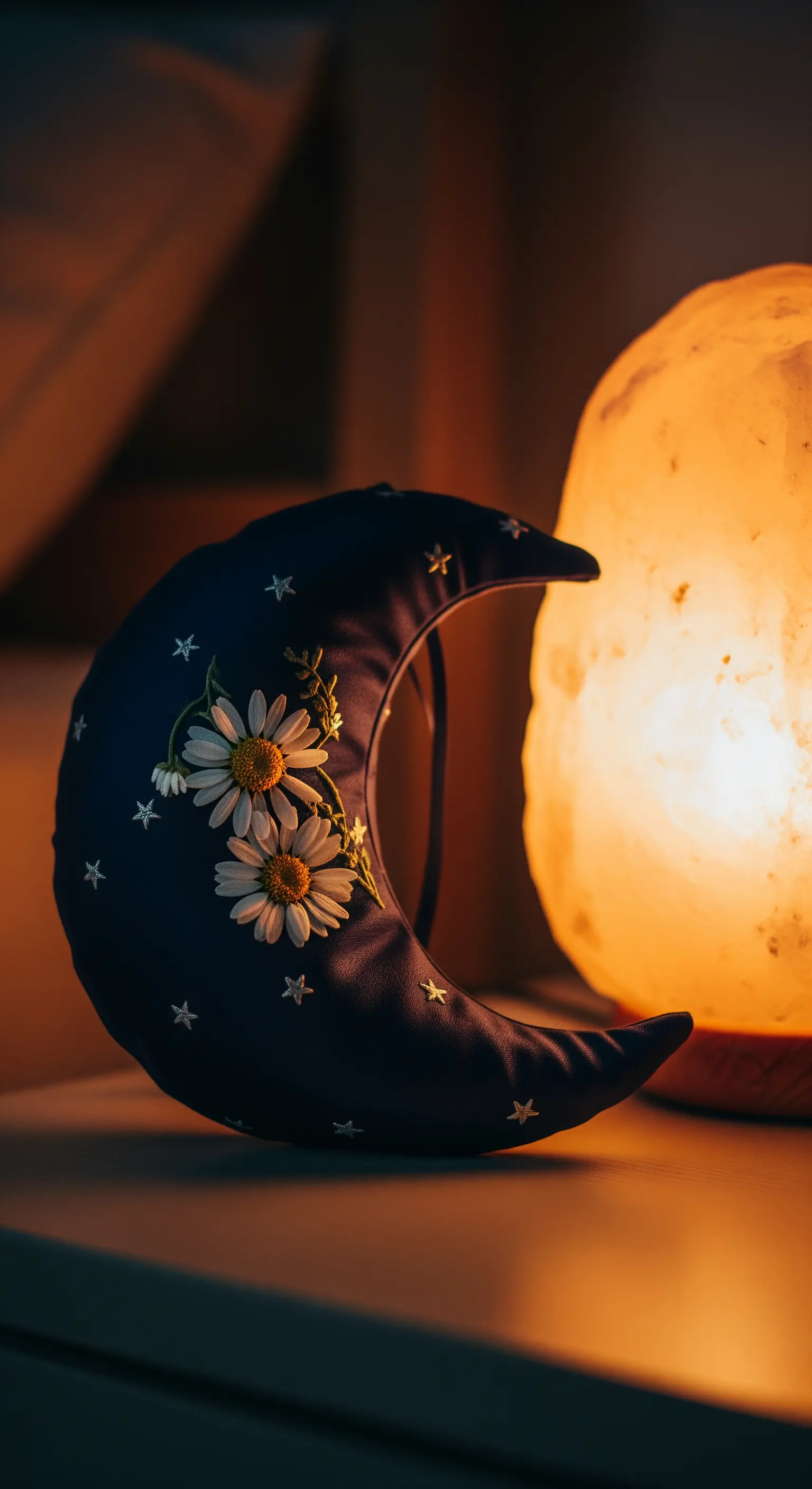 Cuscino blu a forma di luna decorato con margherite, accanto a una lampada di sale rosa.