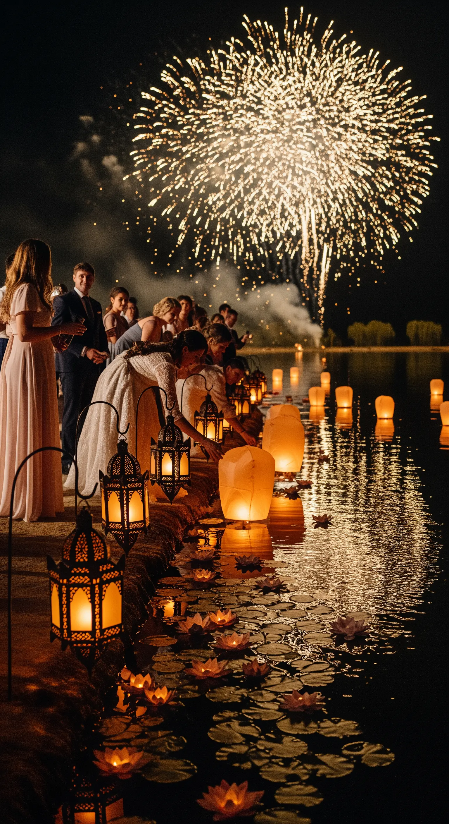 Invitati che lasciano galleggiare lanterne di carta sull'acqua, con fuochi d'artificio in cielo