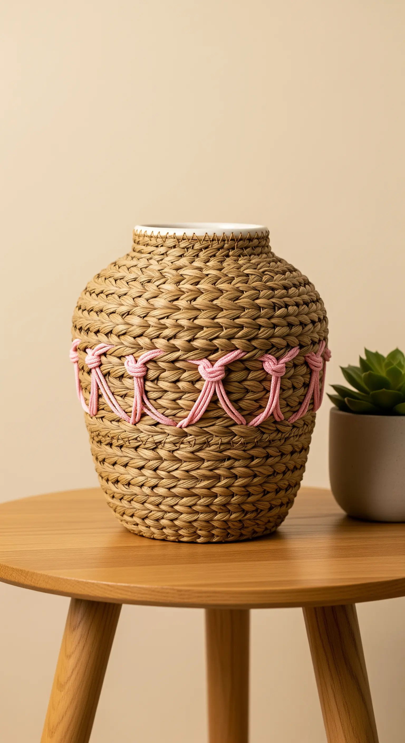 Vaso intrecciato in fibra naturale con una fascia decorativa di nodi rosa.