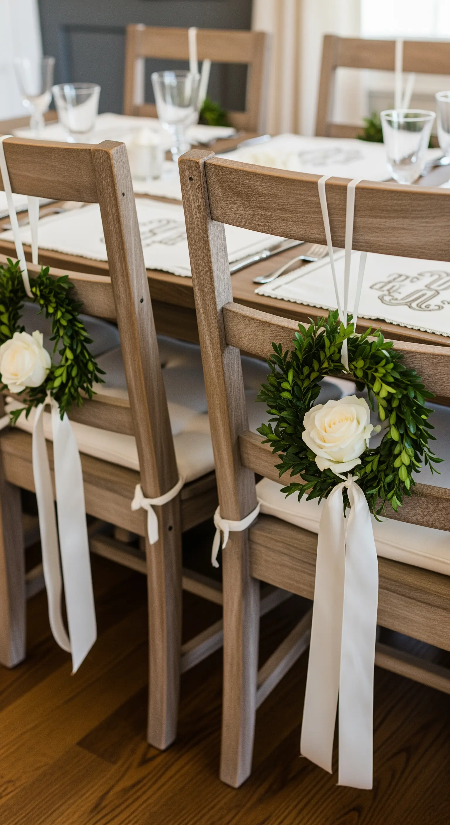 Piccole ghirlande di bosso con una rosa bianca, appese allo schienale di sedie in legno.