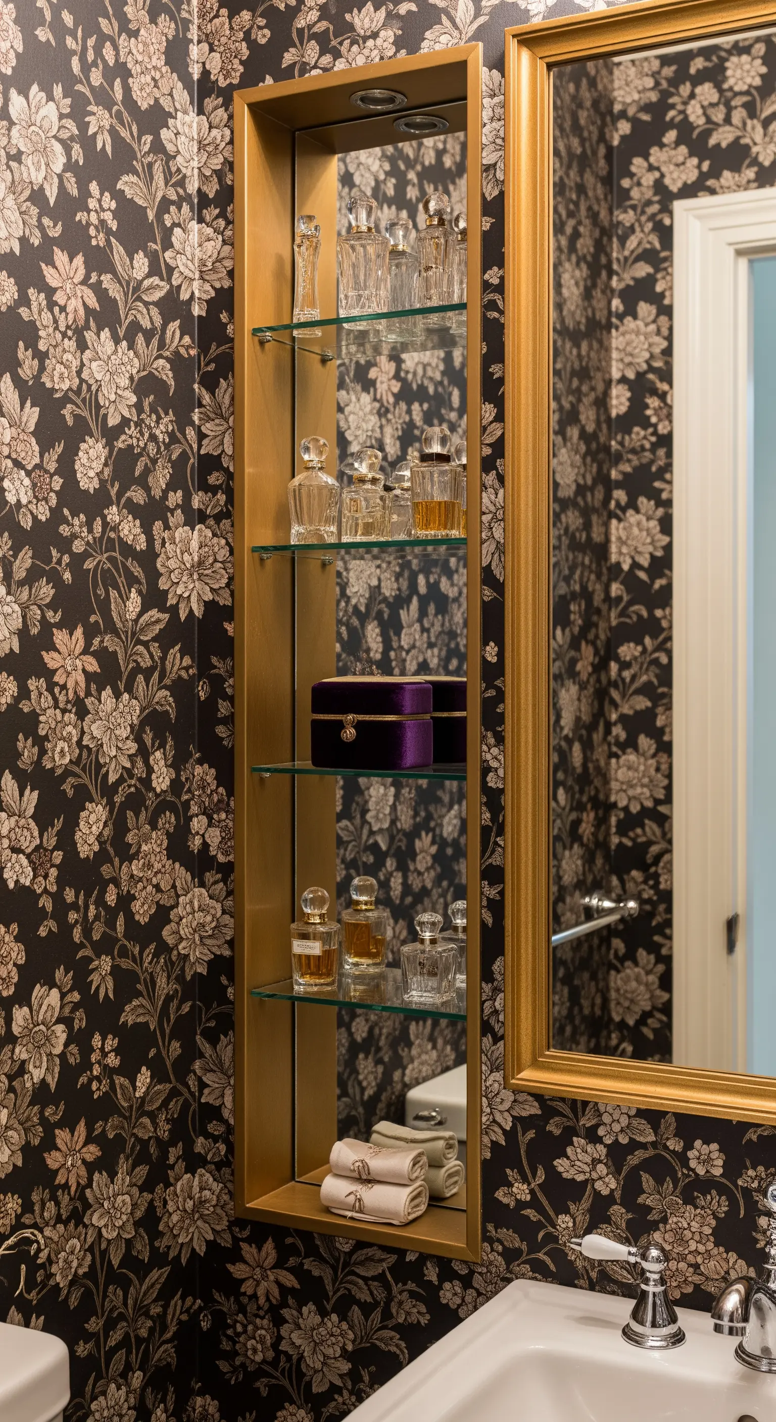 Nicchia verticale con cornice dorata, fondo a specchio e ripiani in vetro, su carta da parati.