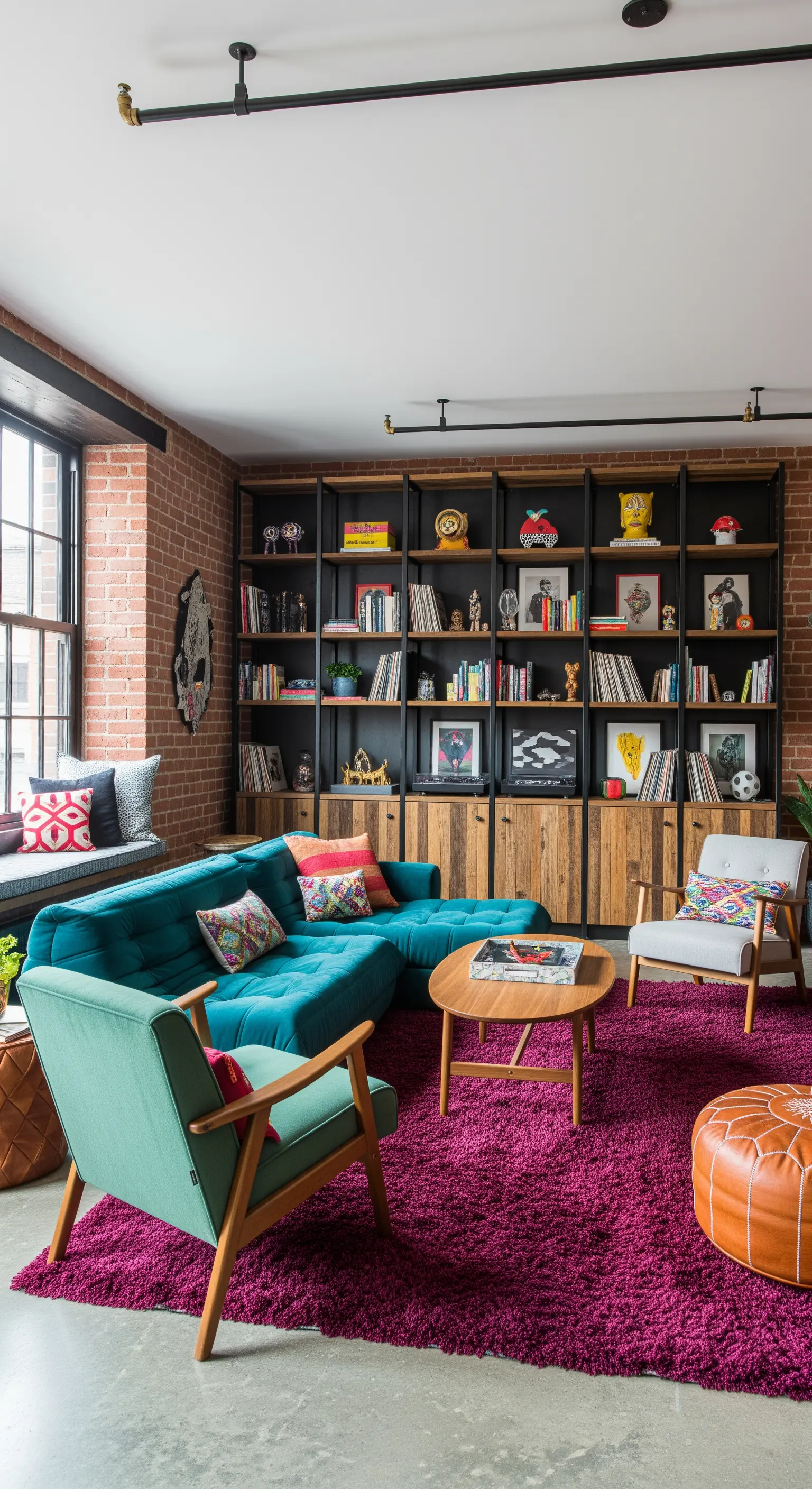 Soggiorno eclettico con parete in mattoni, divano turchese e tappeto a pelo lungo magenta.