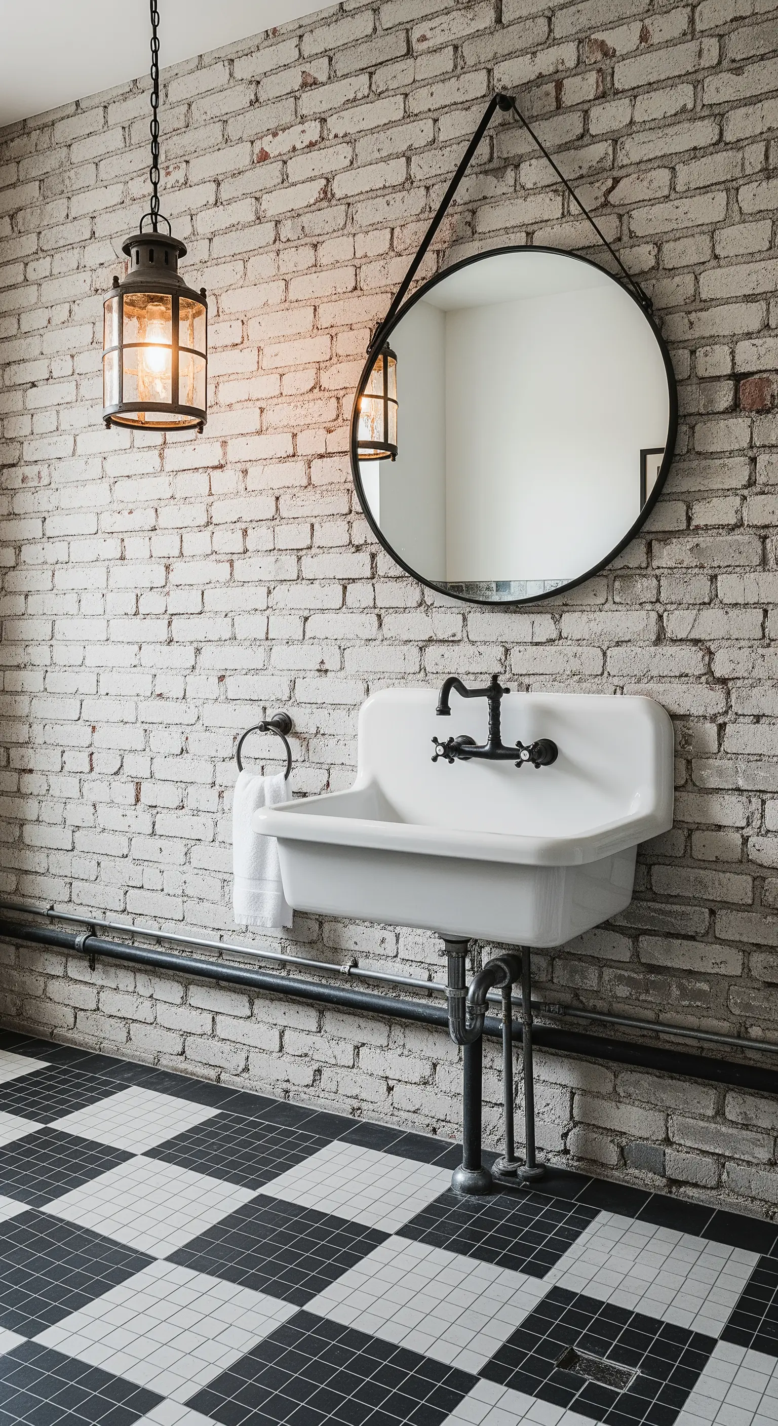 Bagno con mattoni sbiancati, pavimento a scacchi bianco e nero e lavabo a colonna.