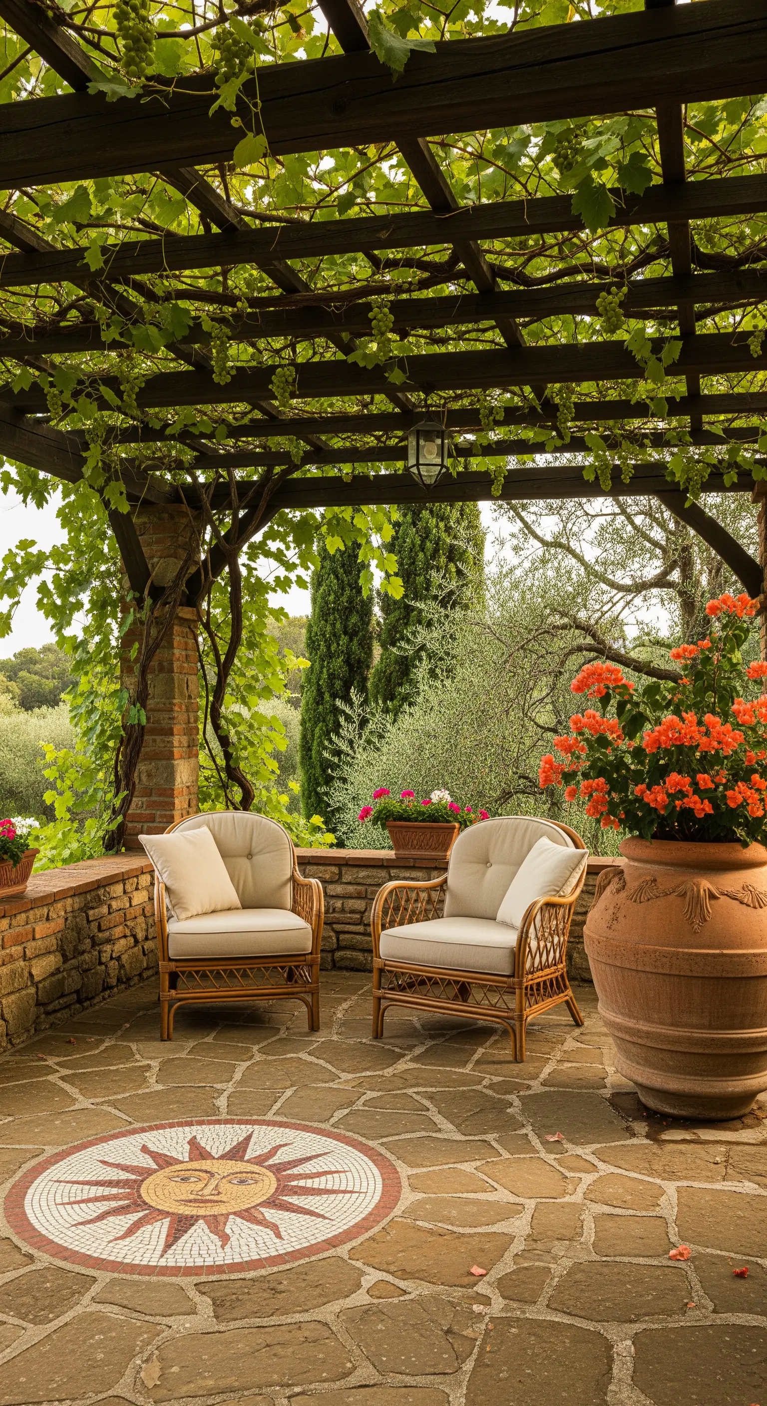 Patio in pietra con poltrone in rattan sotto una pergola di vite e mosaico a forma di sole.