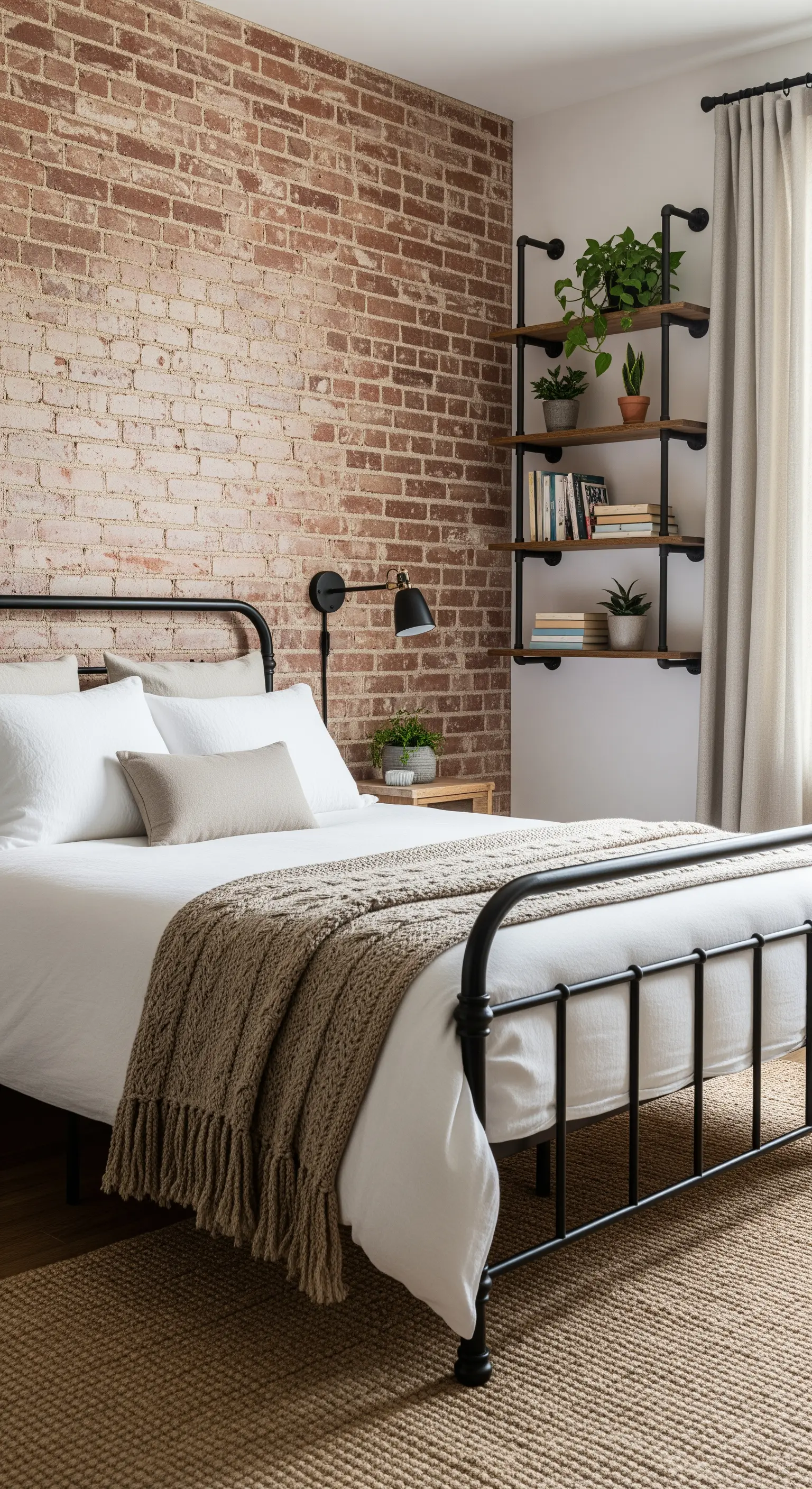 Camera da letto con parete in mattoni a vista, letto in metallo nero e mensole industriali.