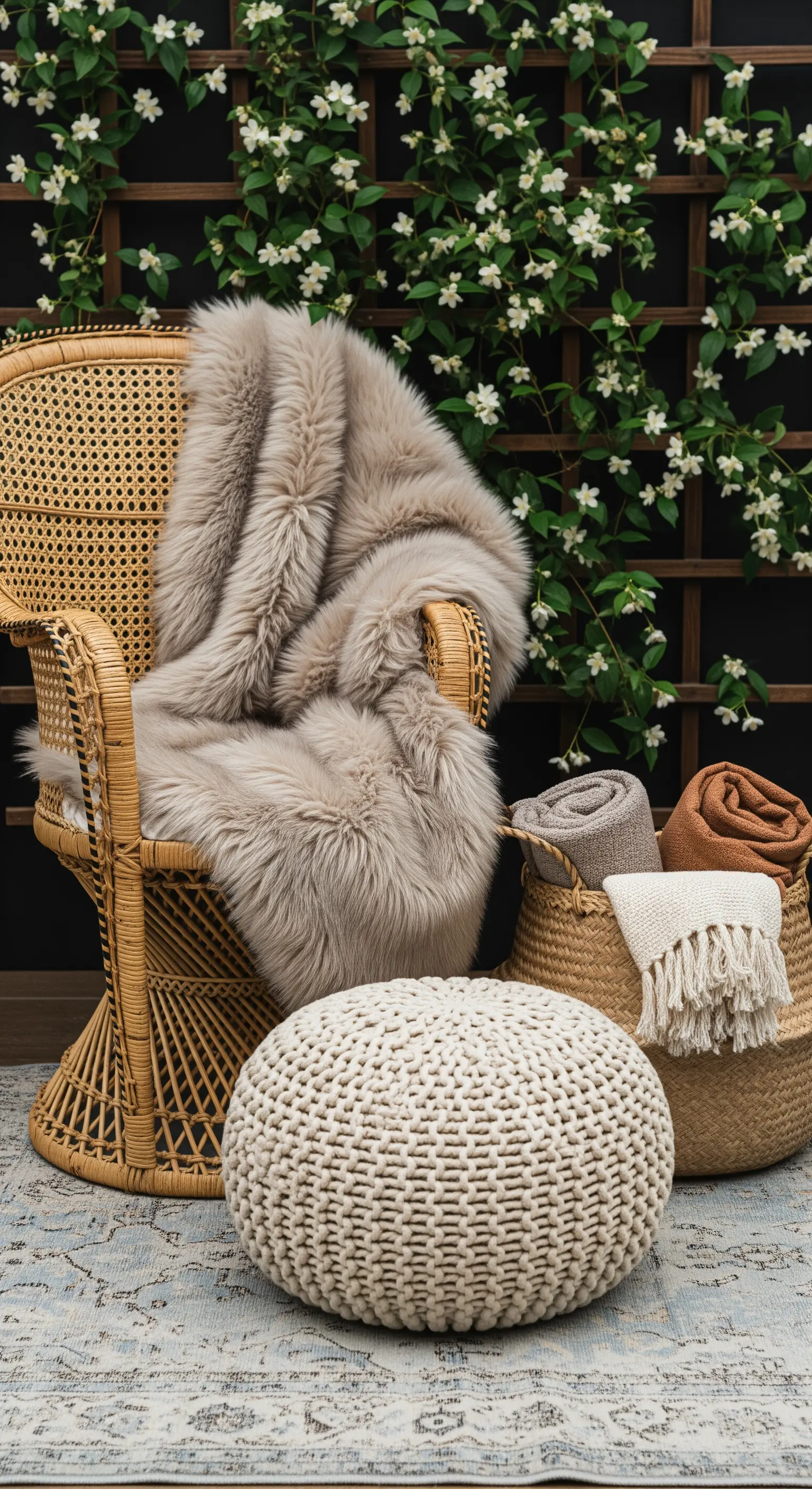 Poltrona in rattan con coperta in pelliccia, pouf in maglia e cesto con plaid arrotolati.