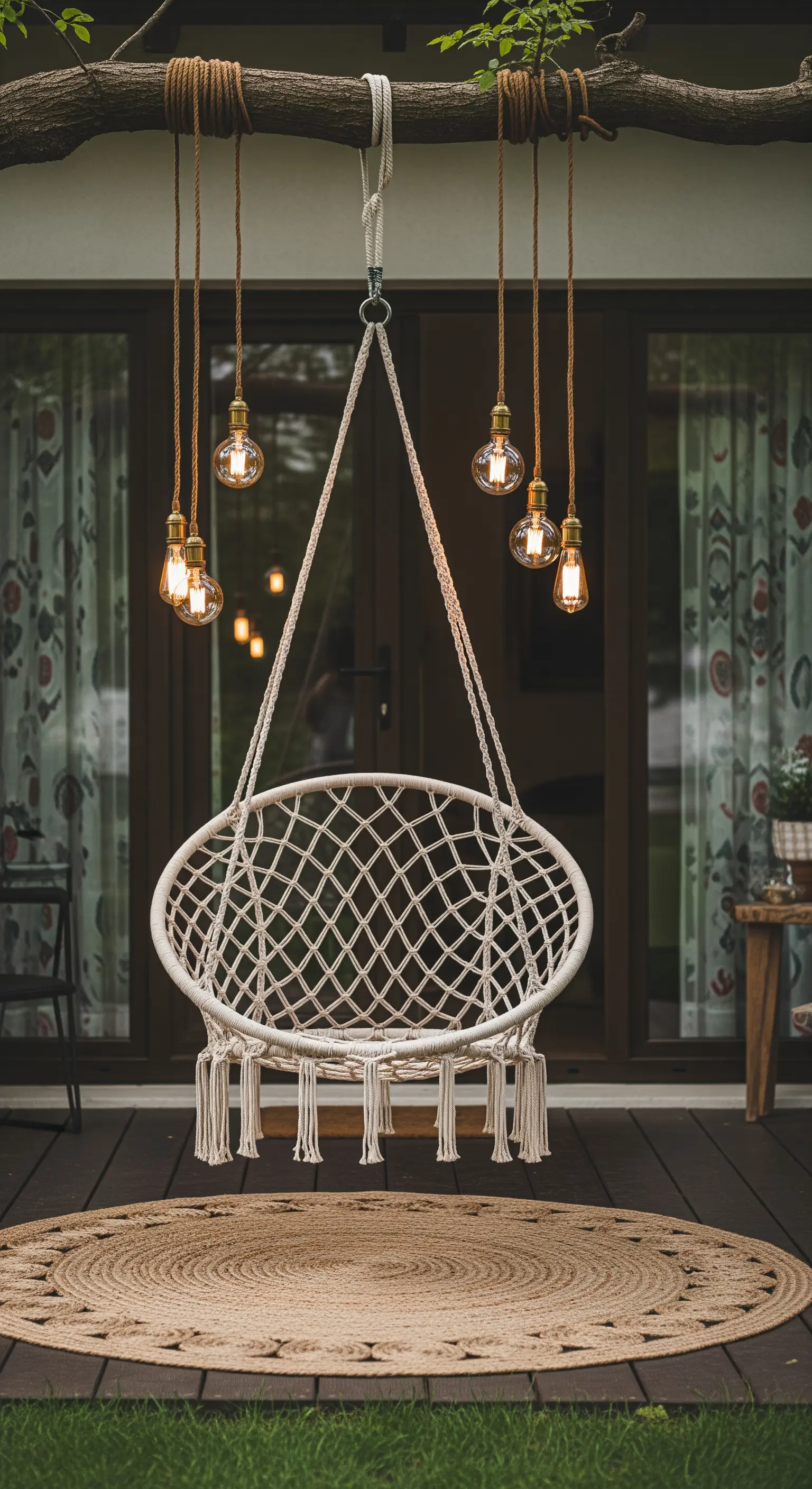 Sedia a dondolo in macramè sospesa in un portico, circondata da lampadine Edison.