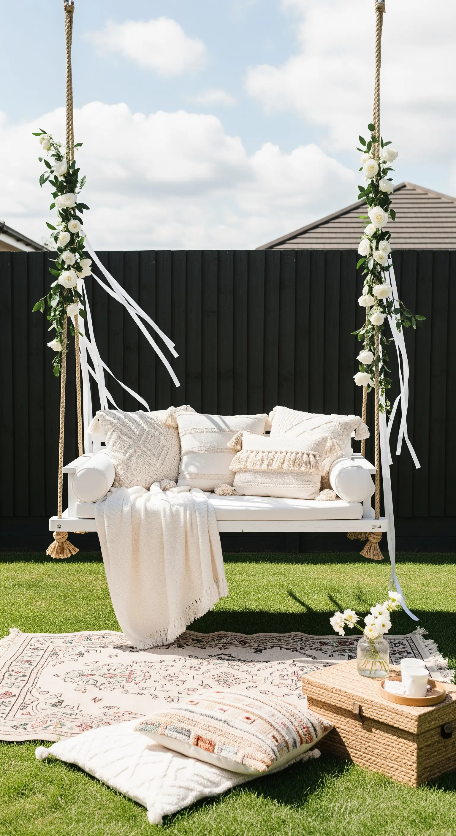 Dondolo bianco decorato con fiori, cuscini in macramè e tappeto etnico in giardino.