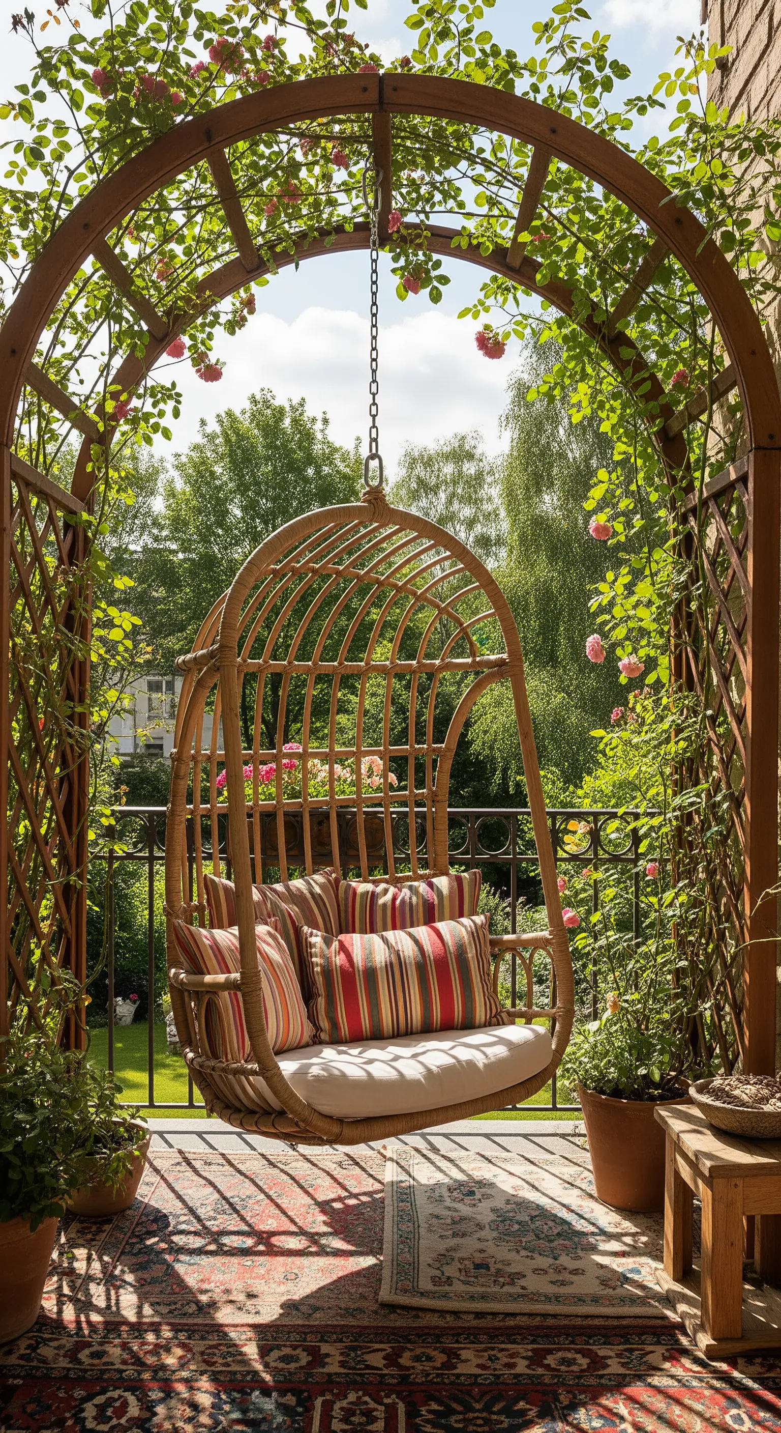 Sedia sospesa in rattan sotto un arco di rose, con cuscini a righe e un tappeto persiano.