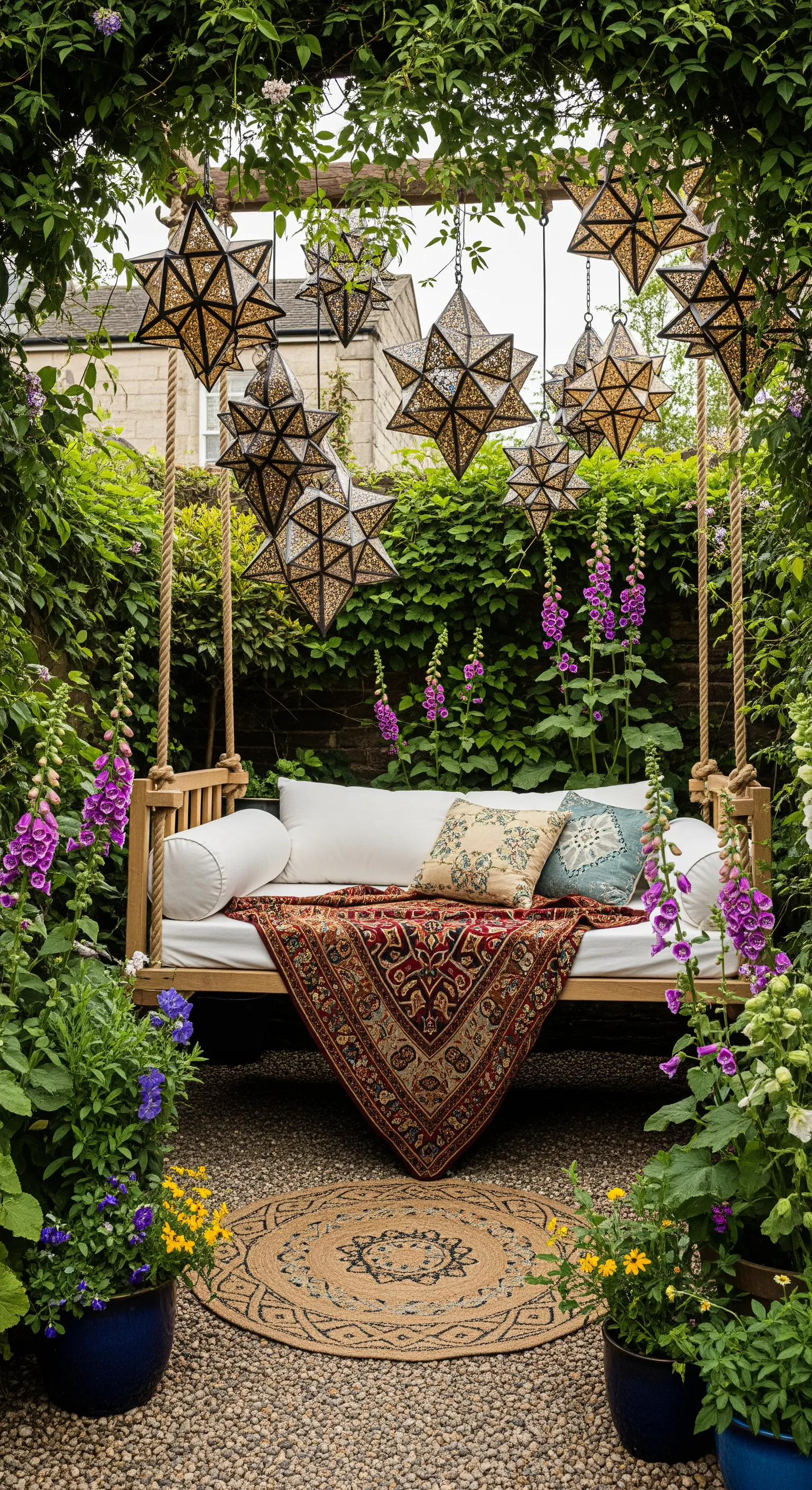 Dondolo in legno in un giardino rigoglioso, con lanterne a forma di stella appese.
