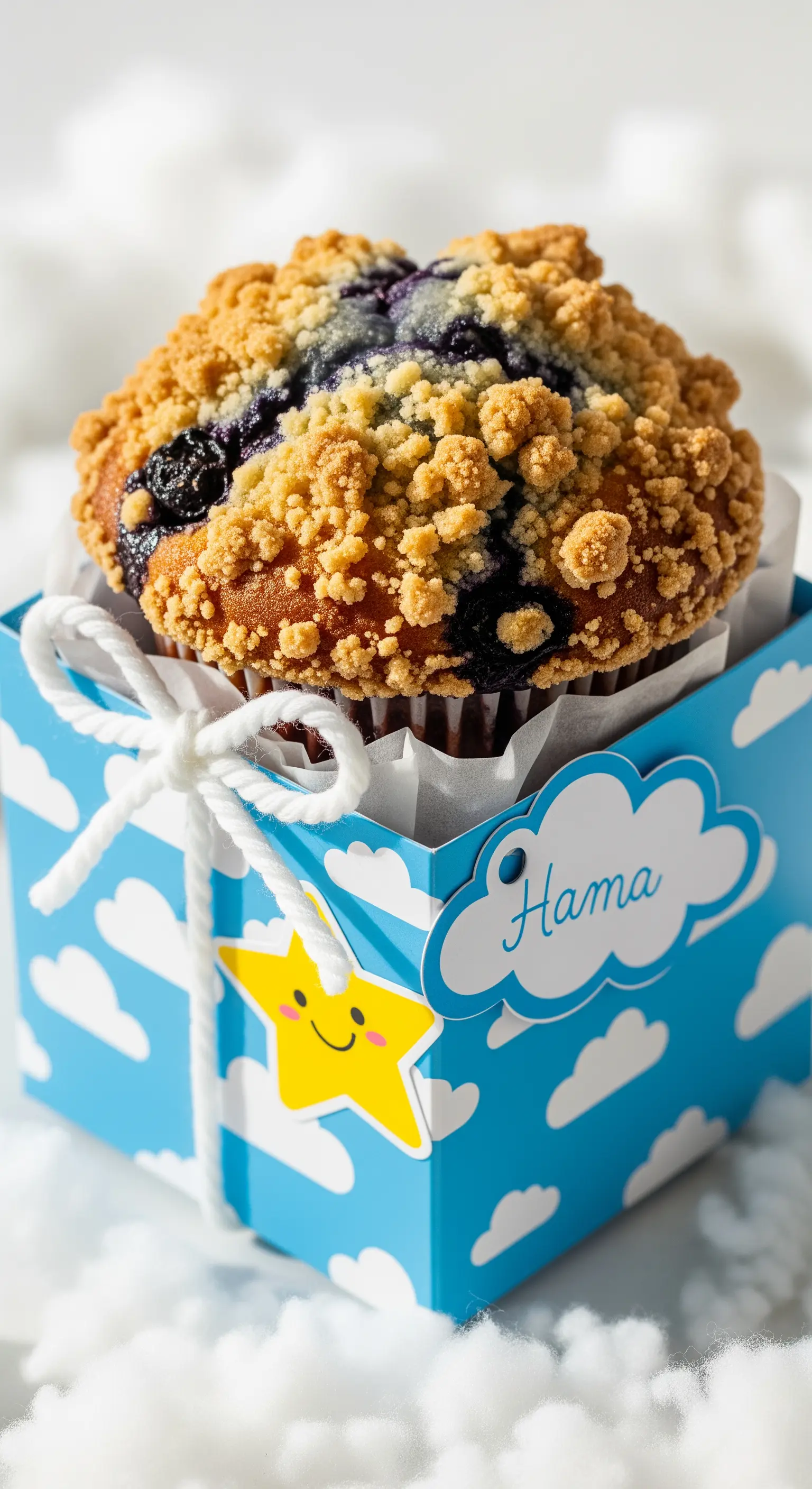 Muffin ai mirtilli in una scatola azzurra decorata con nuvole e una stella sorridente.