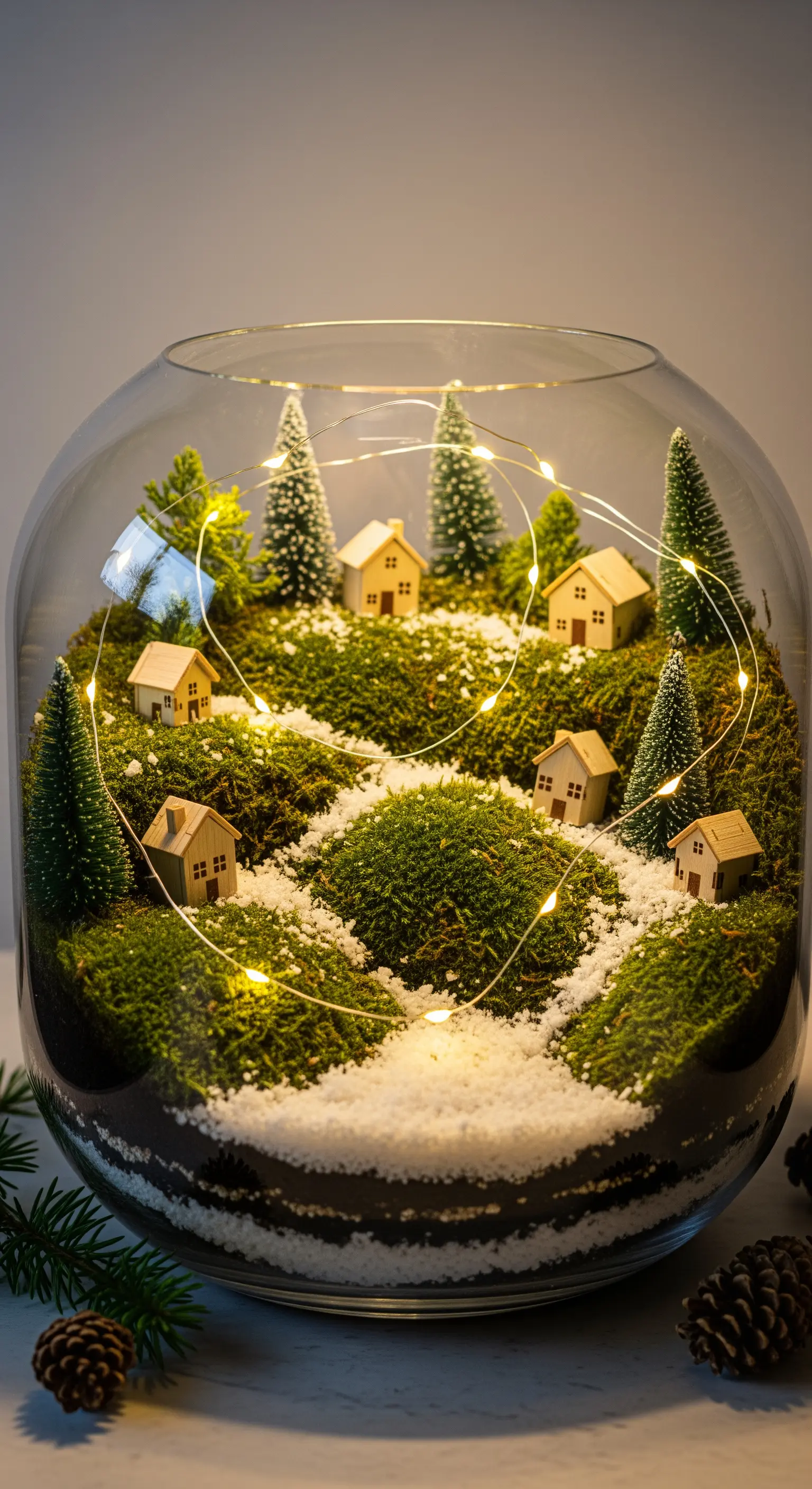 Terrario in un grande vaso di vetro con un villaggio in miniatura tra muschio e neve finta.