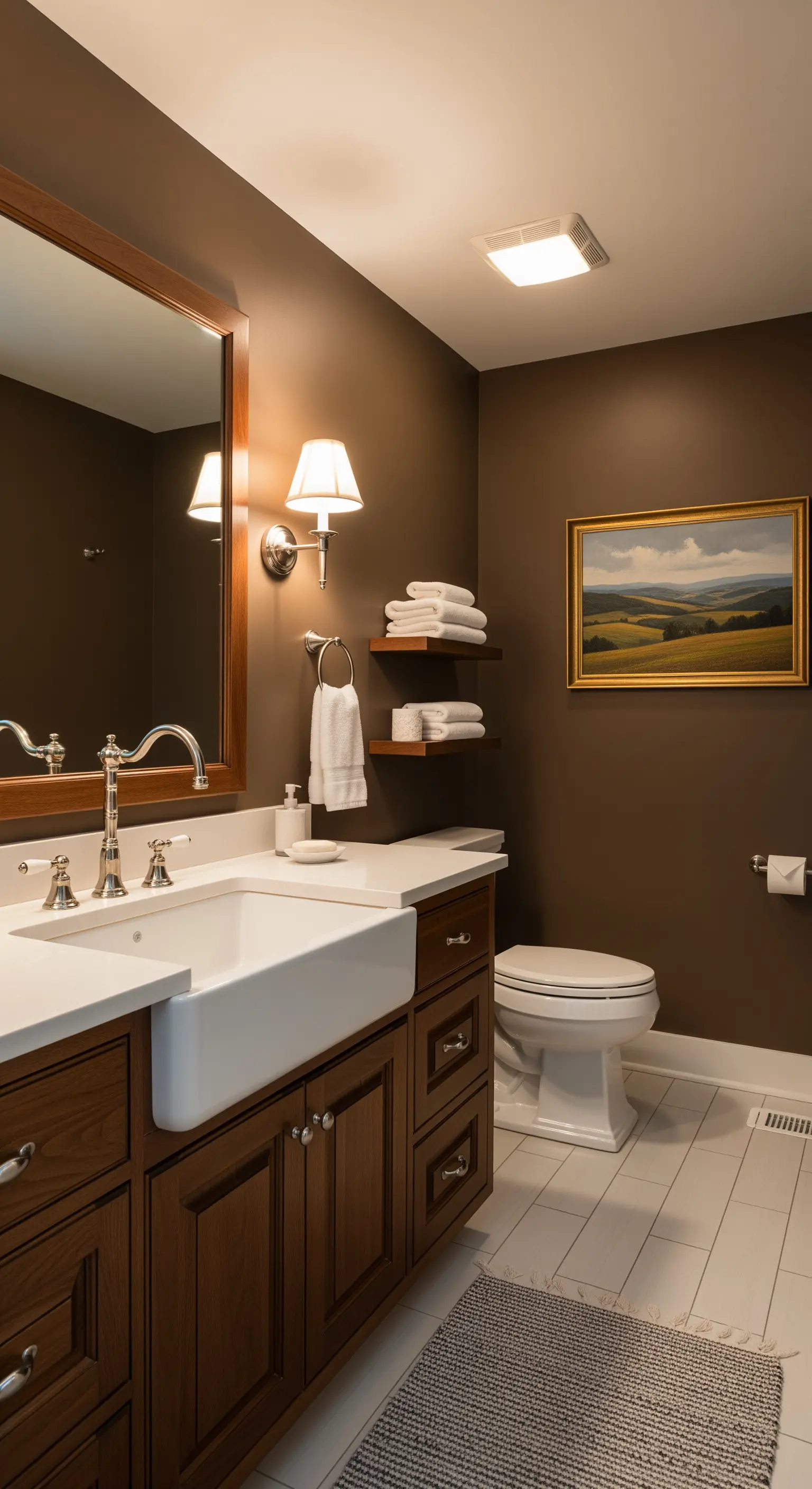 Bagno tradizionale con pareti marroni, mobile in legno e lavabo farmhouse.