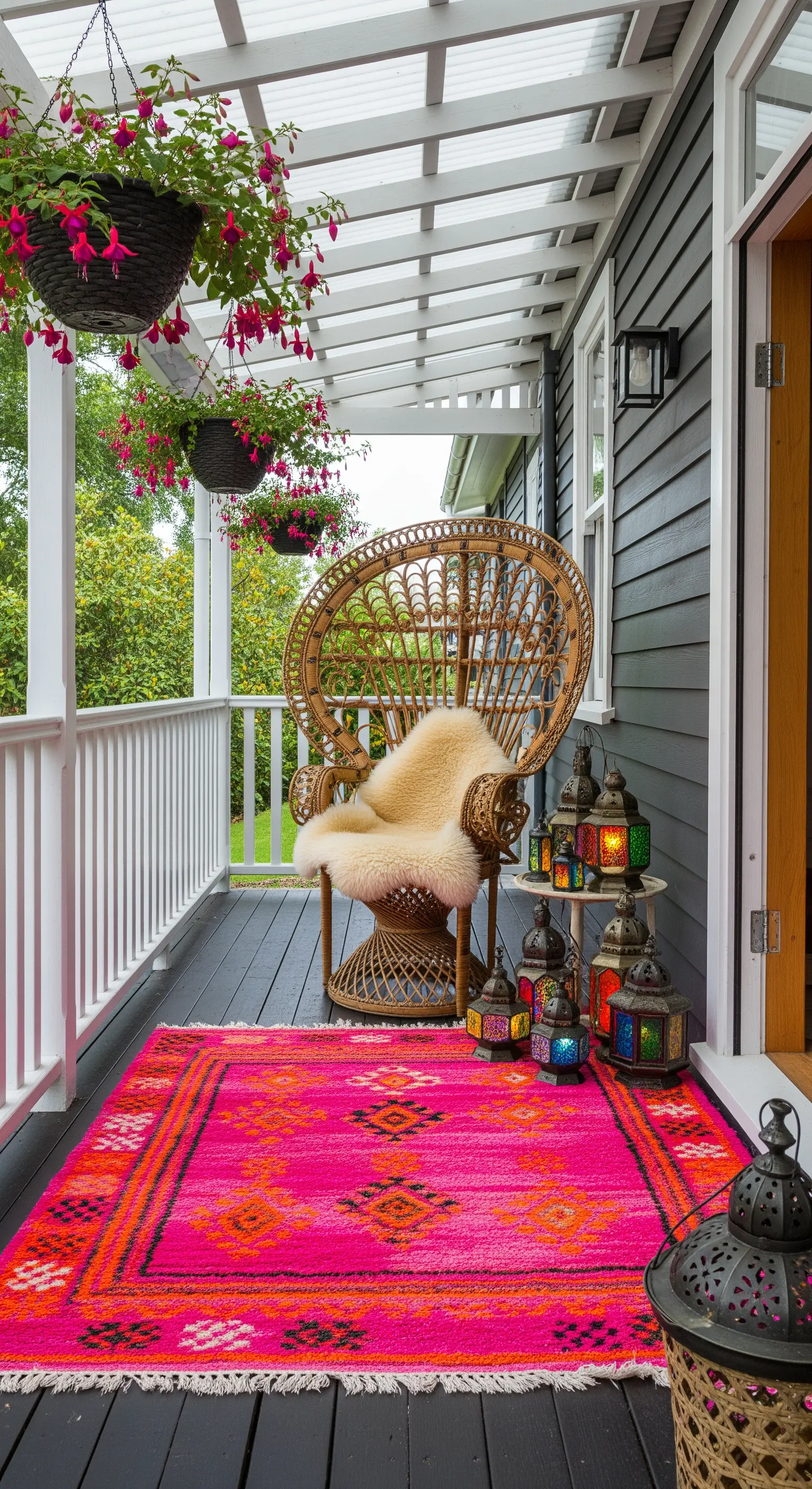 Portico con sedia Peacock, tappeto kilim fucsia e un gruppo di lanterne colorate.
