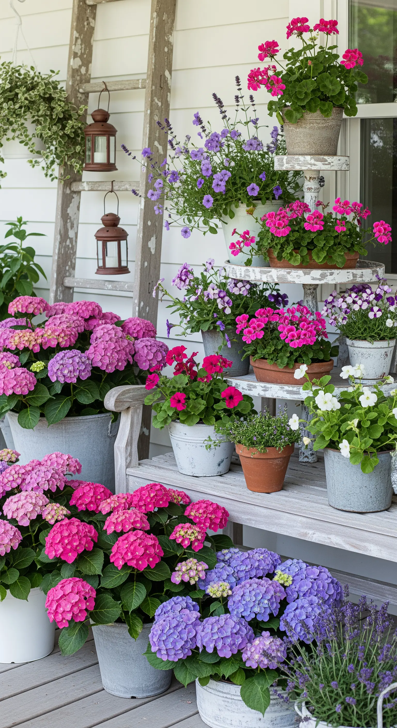 Composizione verticale di fiori come ortensie e gerani in vasi bianchi e di terracotta.