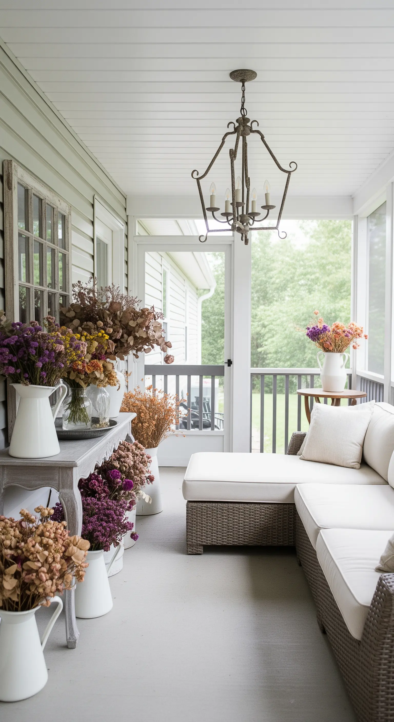 Veranda con divano neutro e una consolle piena di vasi con fiori secchi colorati.