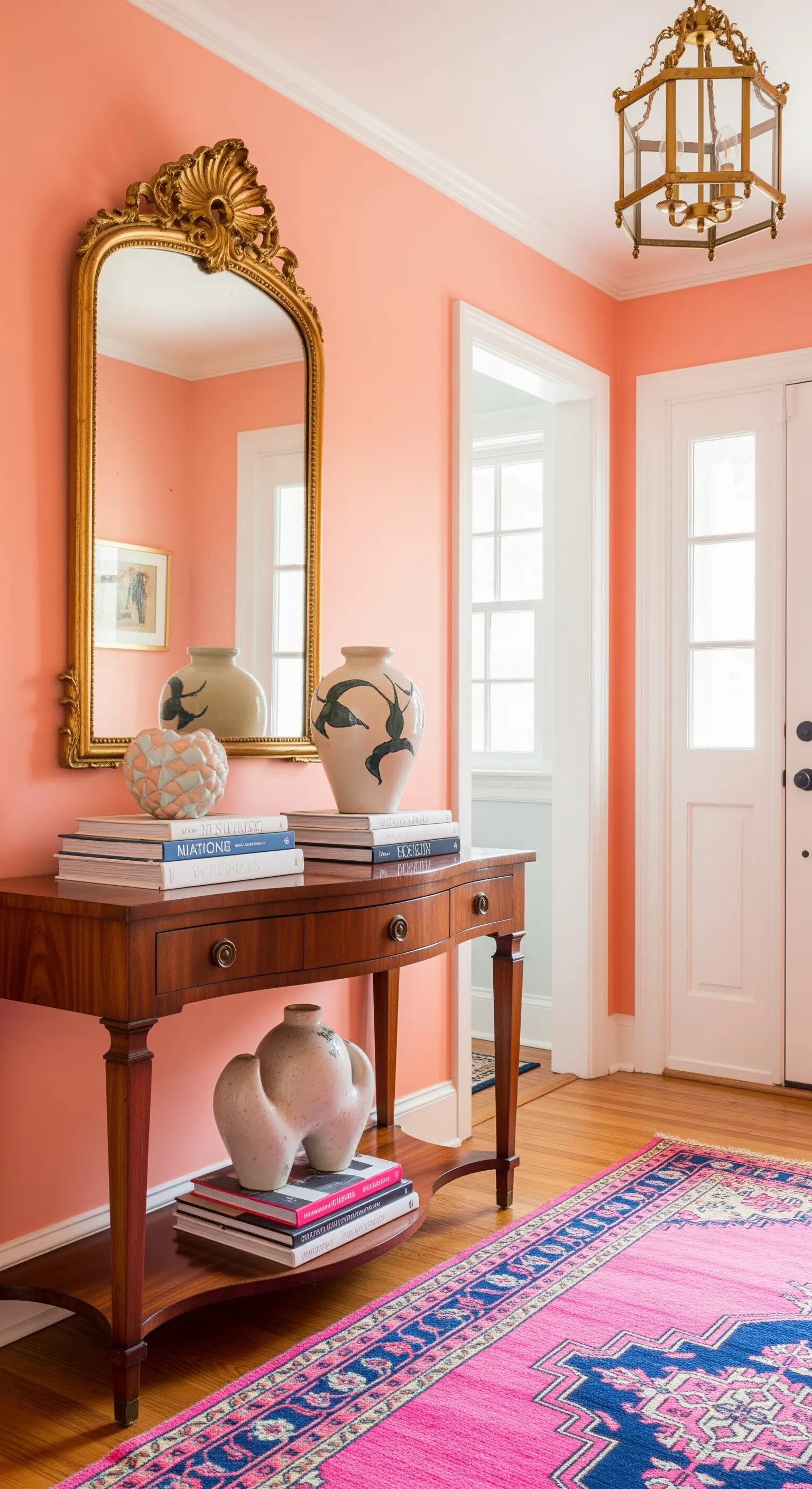 Ingresso con pareti color corallo, specchio dorato Rococò e tappeto fucsia e blu.
