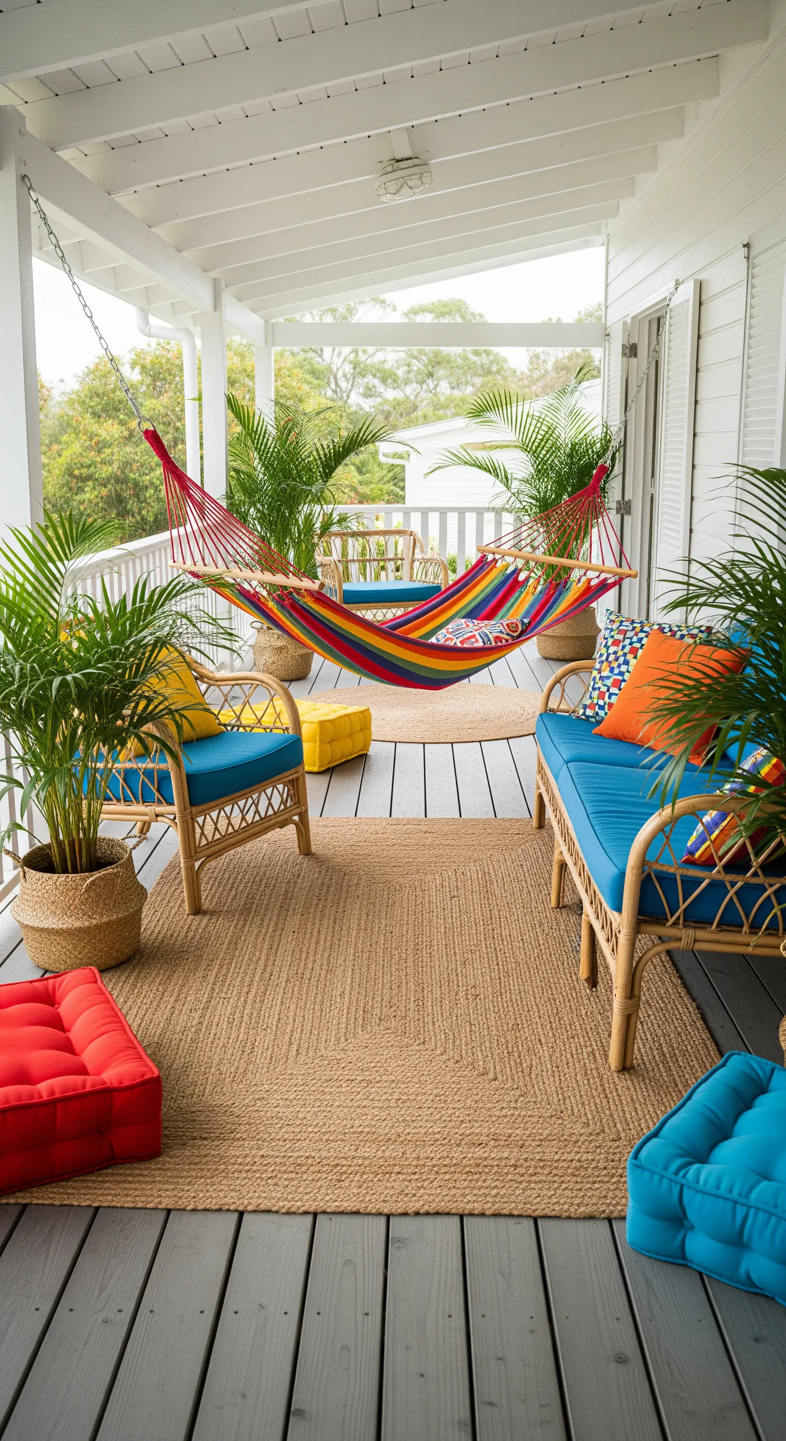 Veranda colorata con amaca arcobaleno, mobili in rattan e cuscini vivaci.