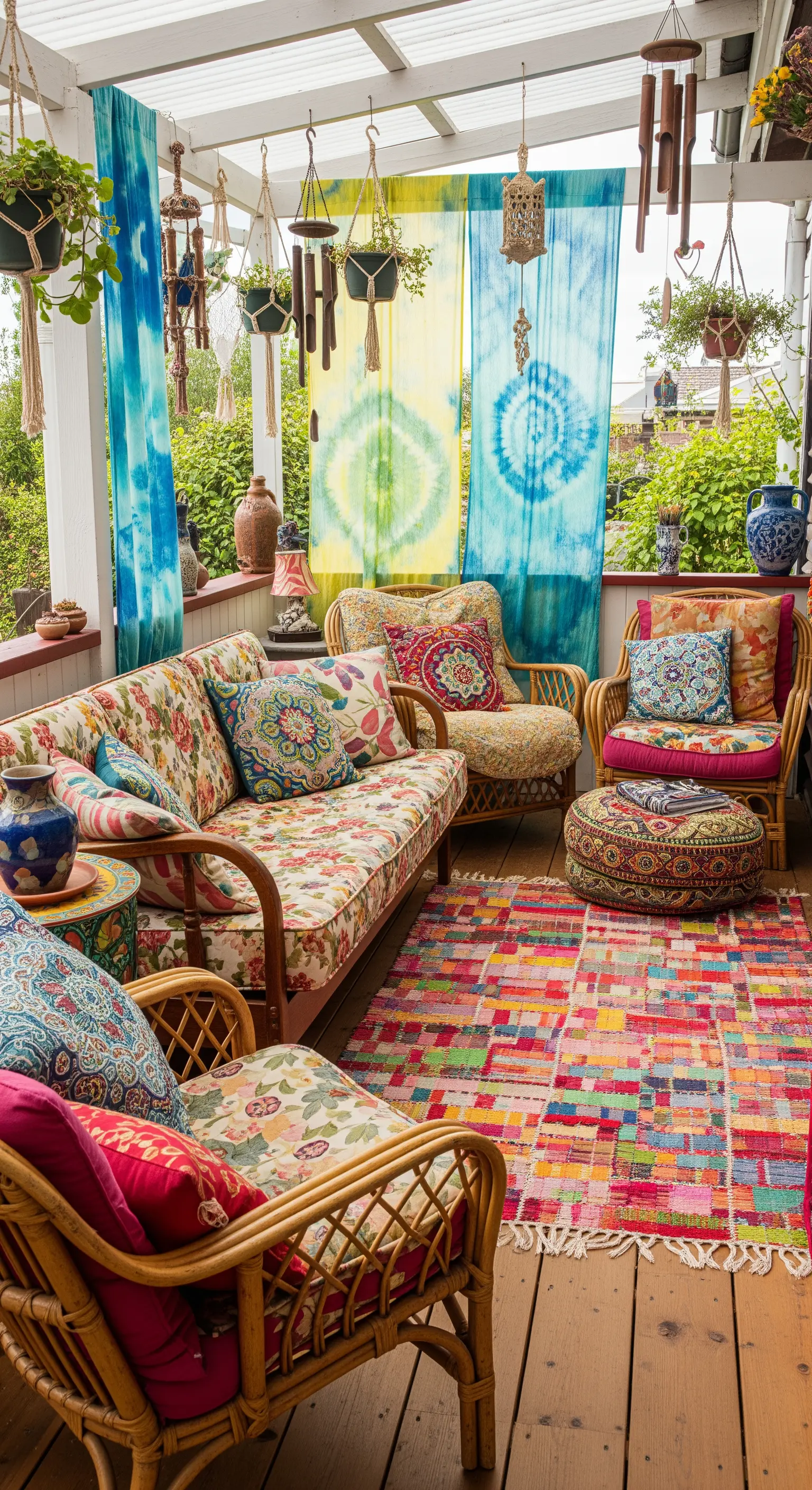 Veranda eclettica e colorata con arredi in rattan, tappeto patchwork e cuscini a fantasia.