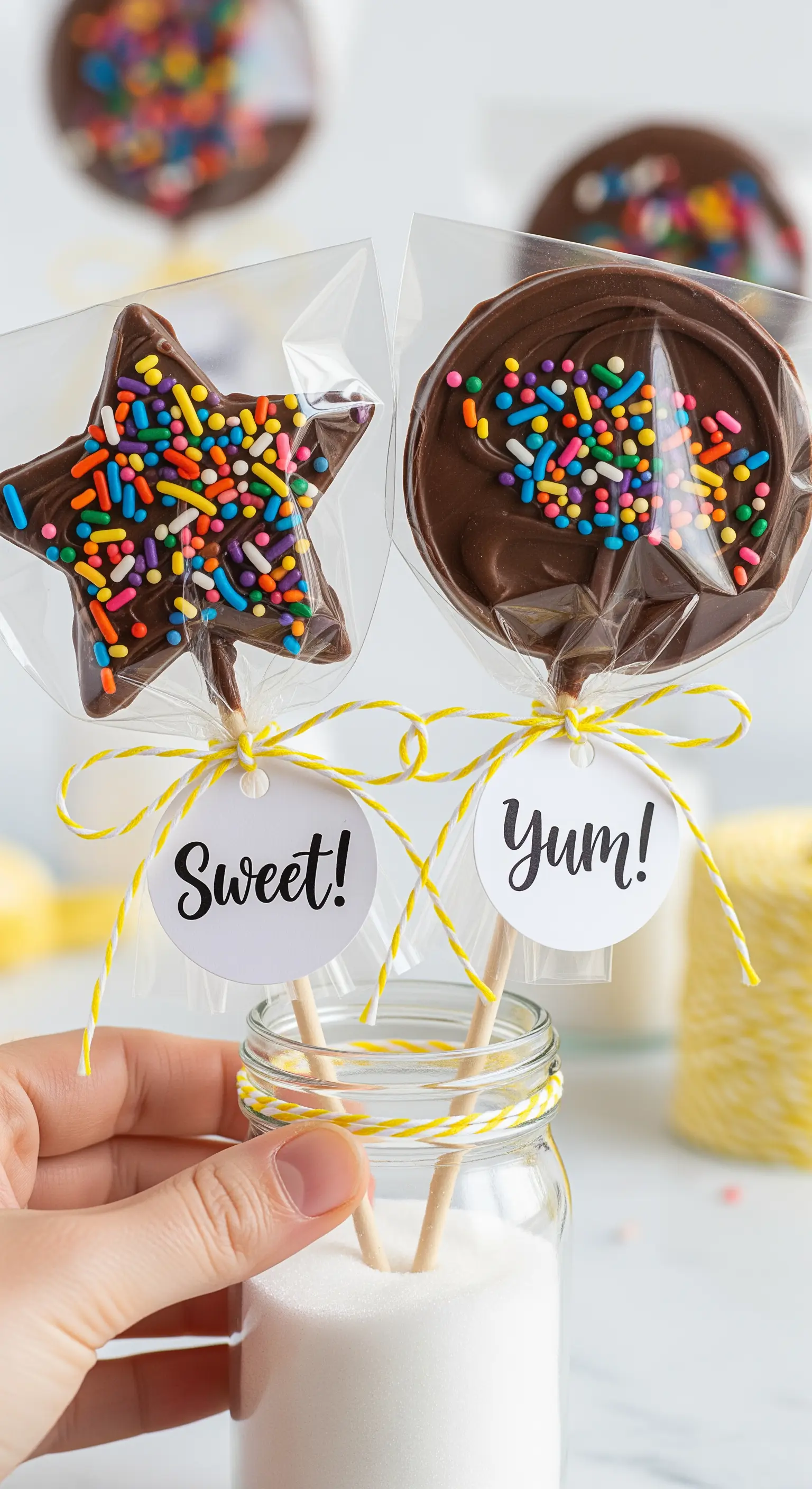 Lecca-lecca di cioccolato a forma di stella e cerchio con zuccherini colorati.