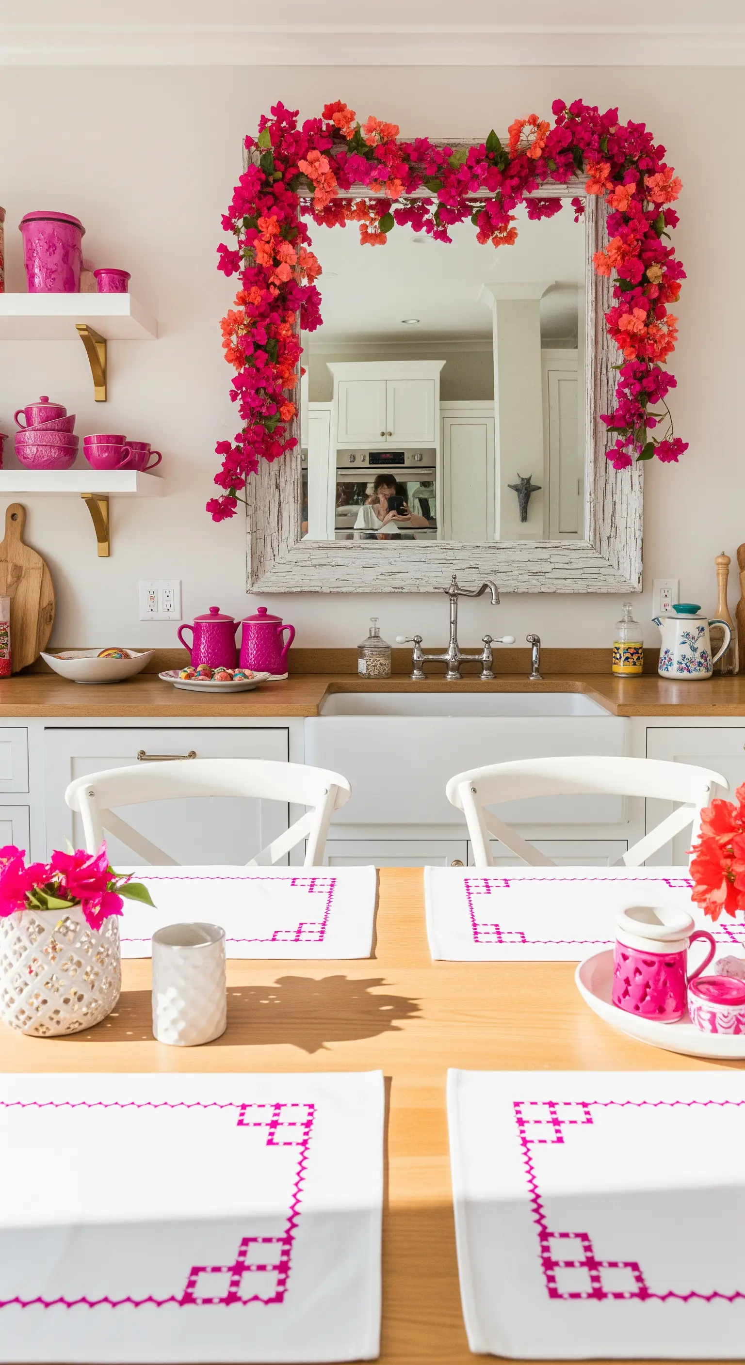 Grande specchio con cornice in legno bianco decorata da una ghirlanda di bouganville fucsia.