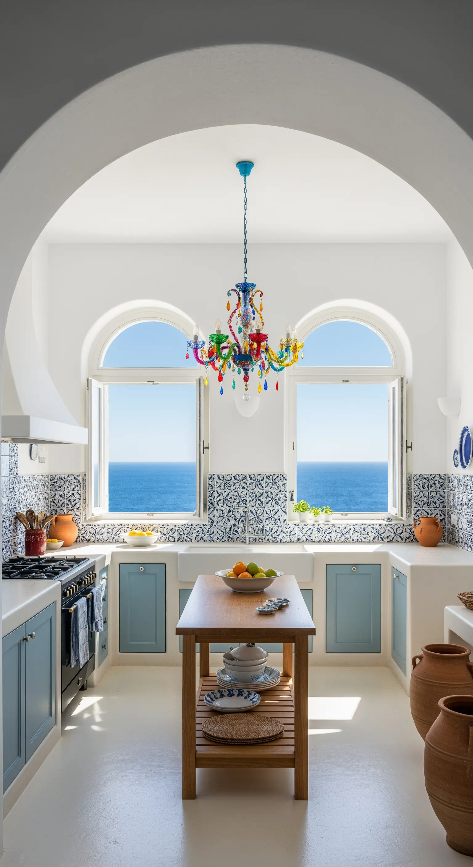 Cucina bianca in stile greco con maioliche blu e un lampadario in vetro colorato