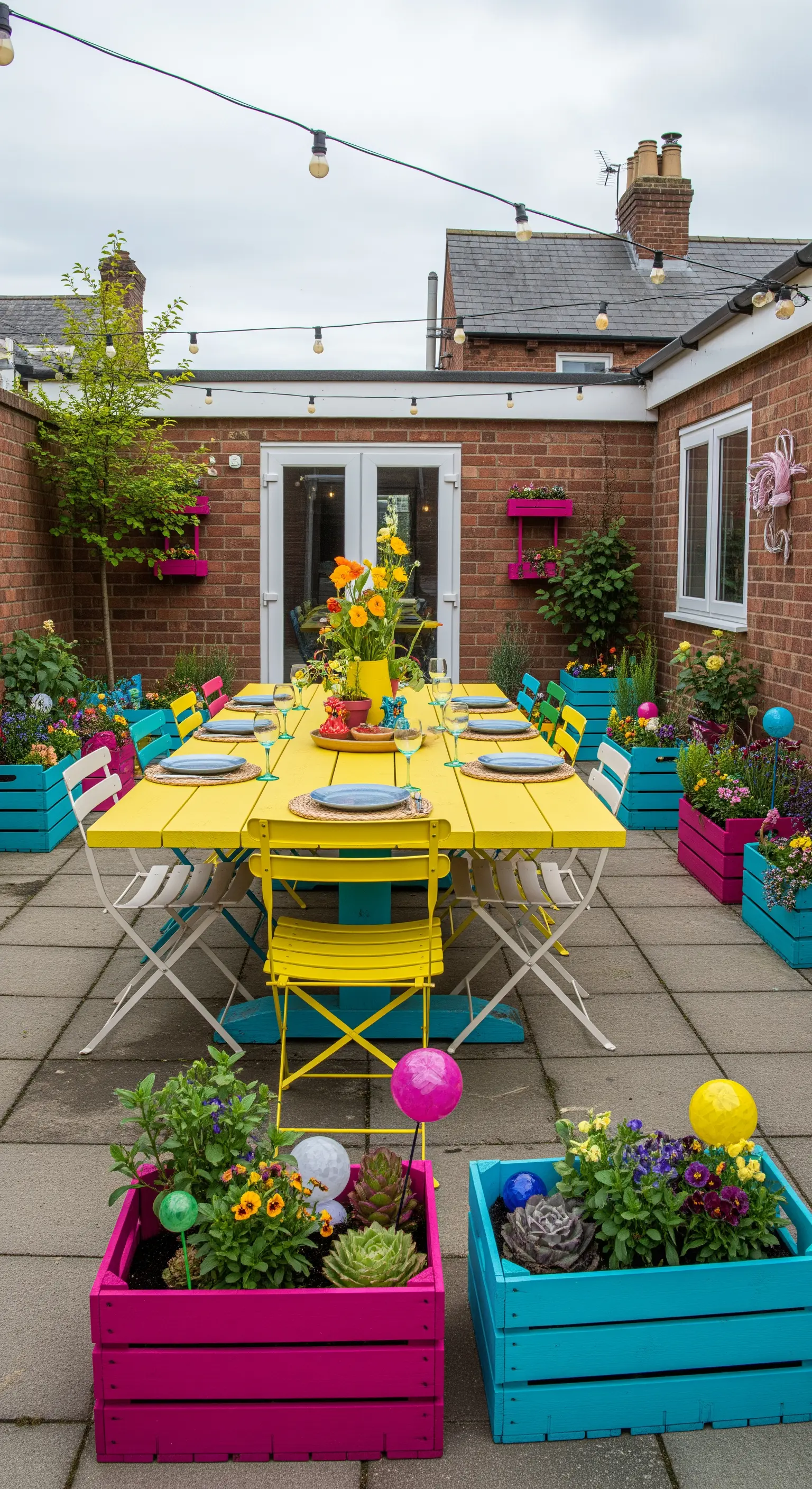 Patio colorato con tavolo giallo e fioriere in cassette di legno dipinte di fucsia e ciano