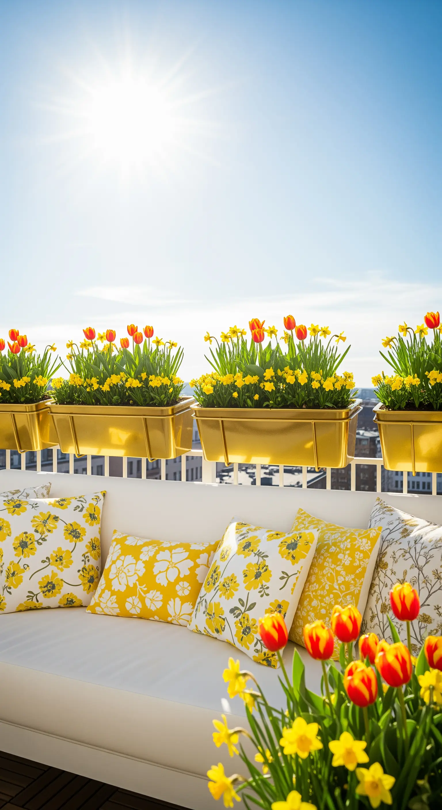 Balcone soleggiato con divano bianco, cuscini a fiori gialli e fioriere dorate con tulipani.
