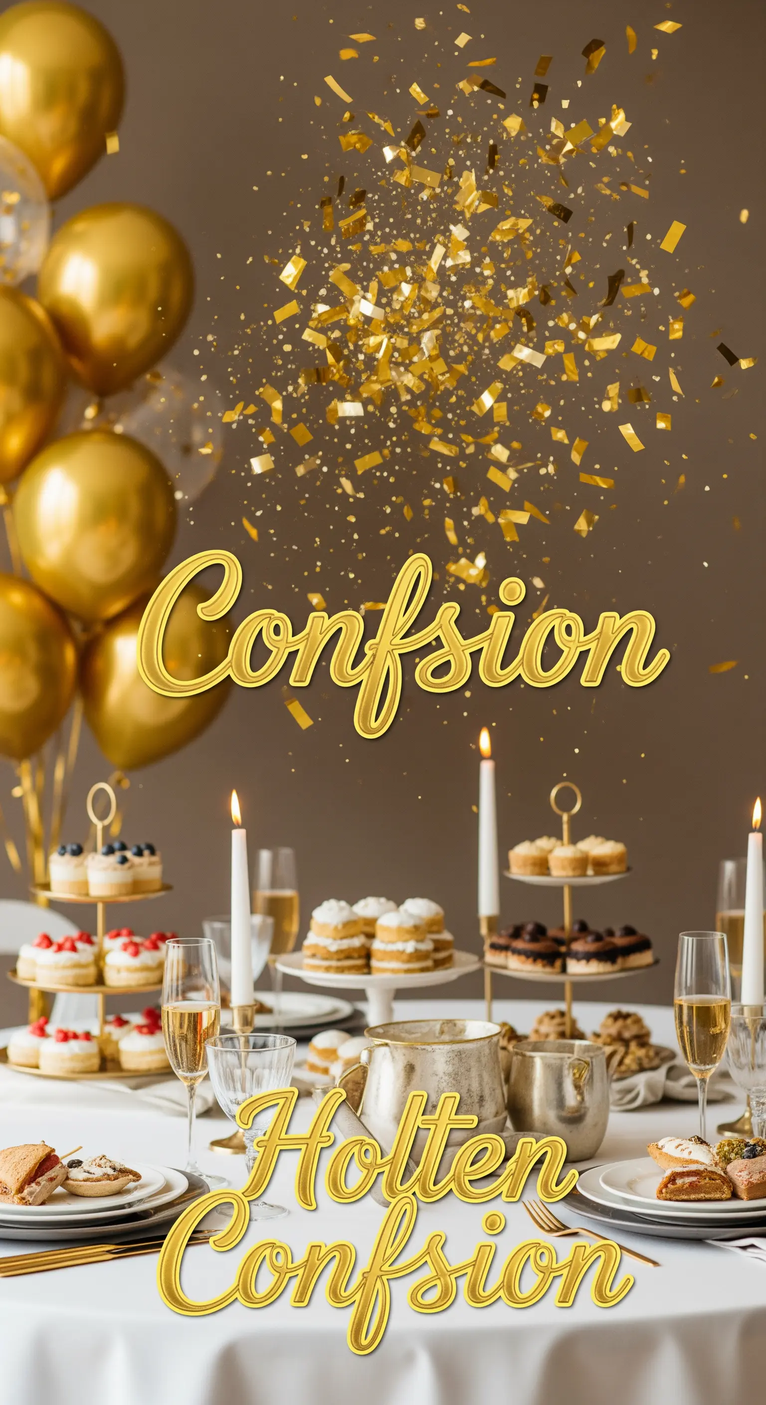 Tavola festiva con coriandoli dorati che cadono, palloncini e dolcetti.