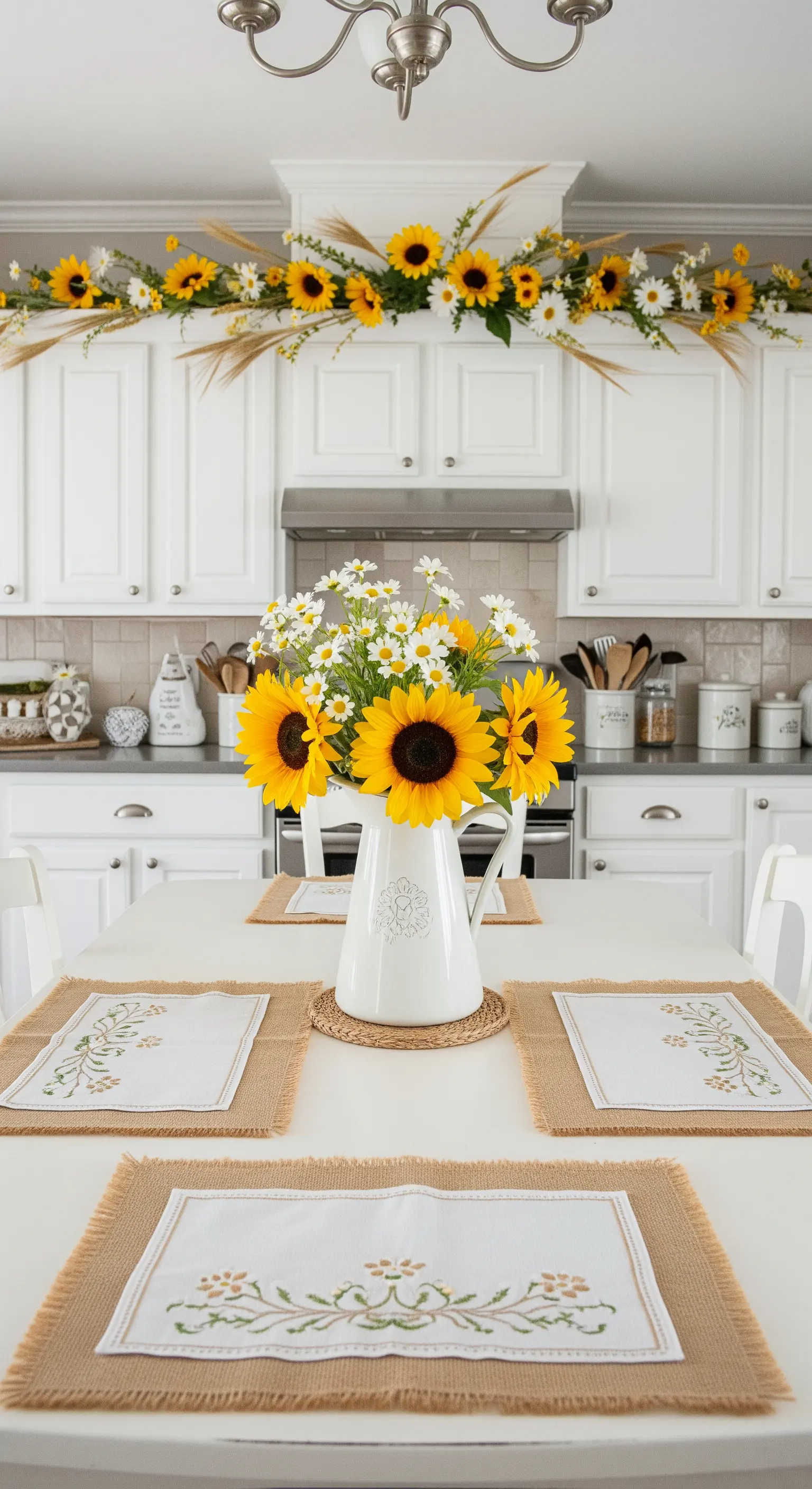Cucina bianca con ghirlanda di girasoli sopra i pensili e un bouquet coordinato sul tavolo.