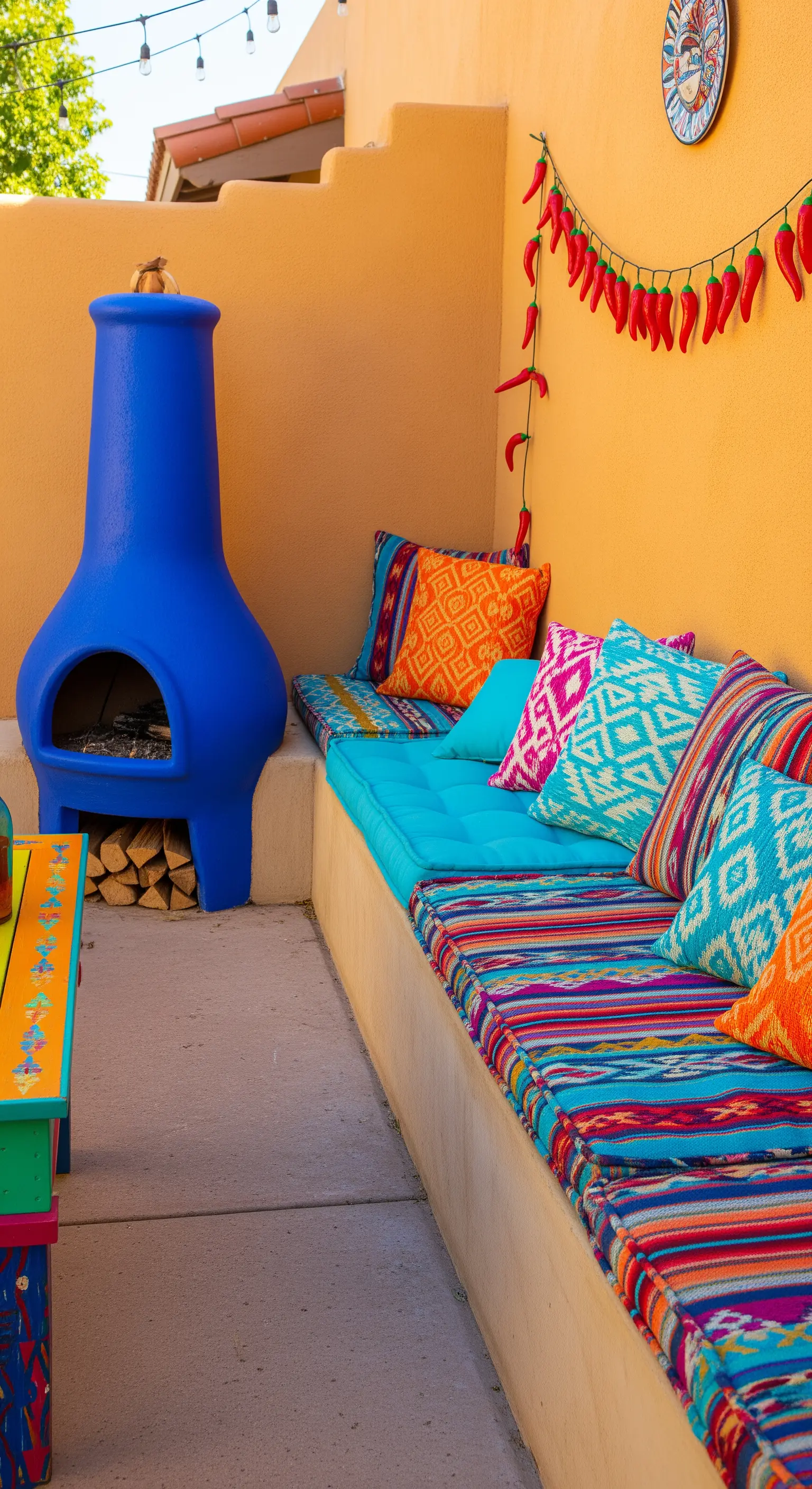Patio messicano con panca in muratura colorata, cuscini etnici e un camino chimenea blu acceso.