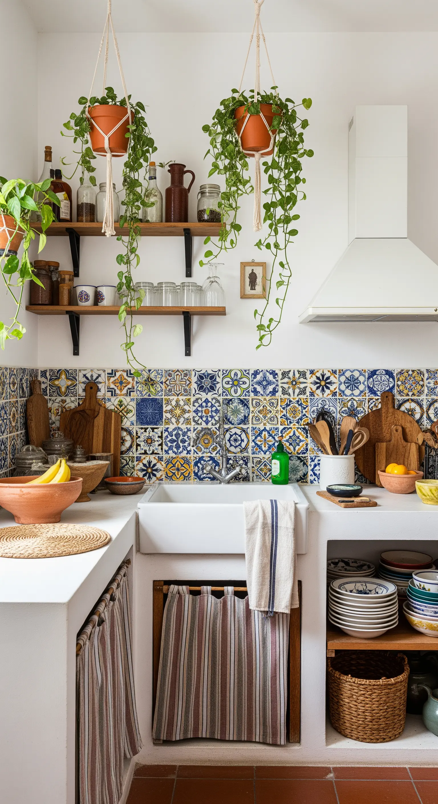 Cucina bohemien con piastrelle patchwork, mensole in legno e piante sospese in macramè.
