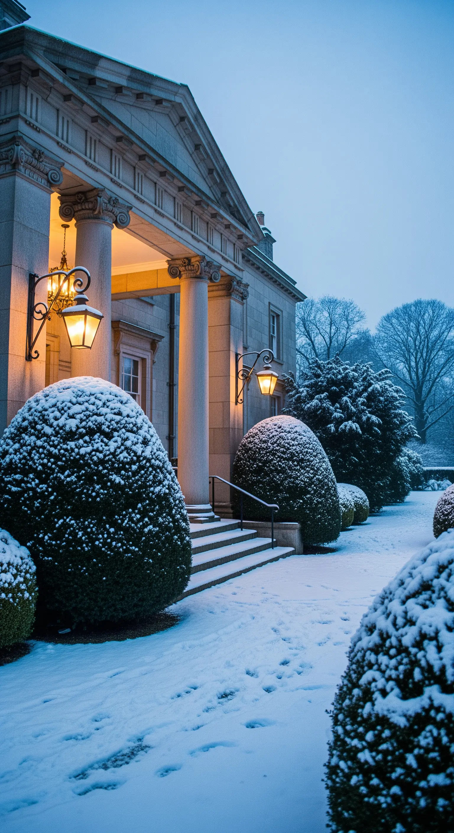 Villa classica innevata con portico illuminato da applique calde che risaltano sulla neve bluastra