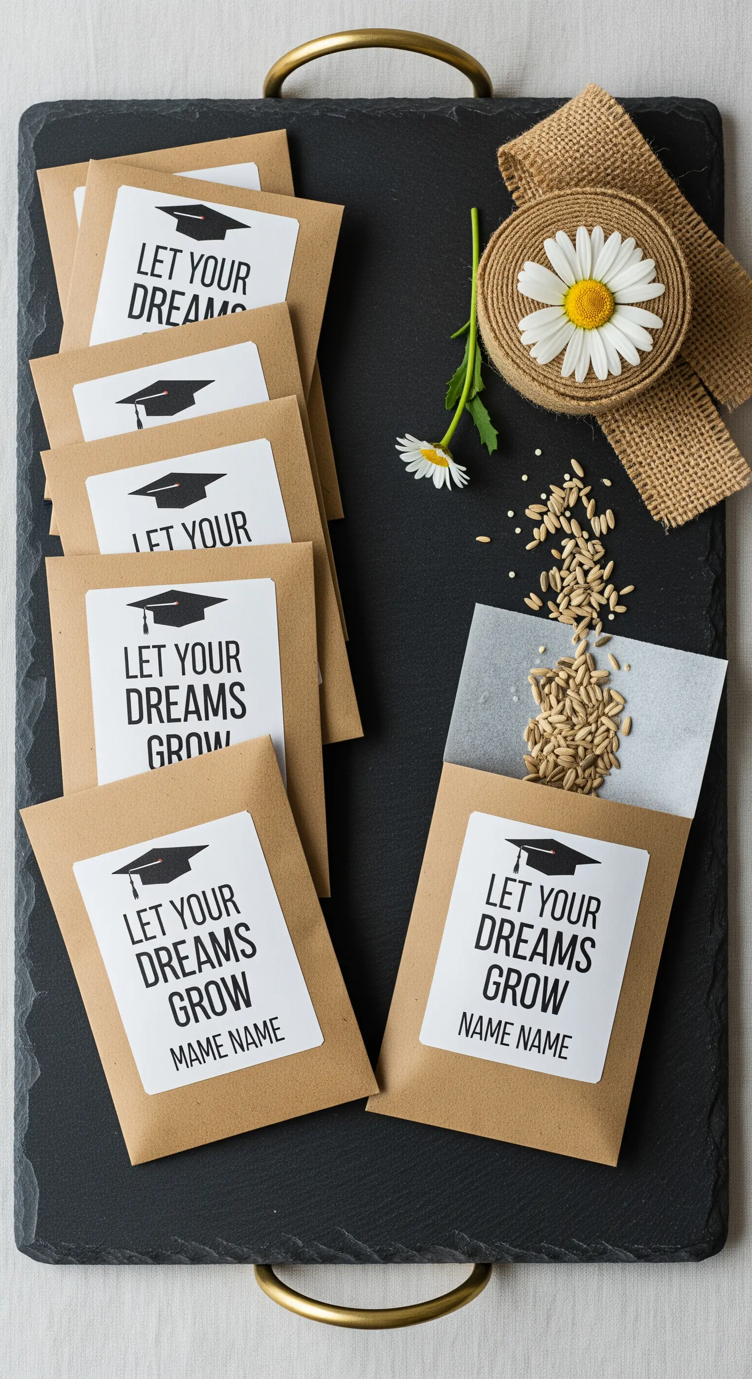 Bomboniere per laurea: bustine di carta kraft con semi e adesivi a tema 'Let your dreams grow'