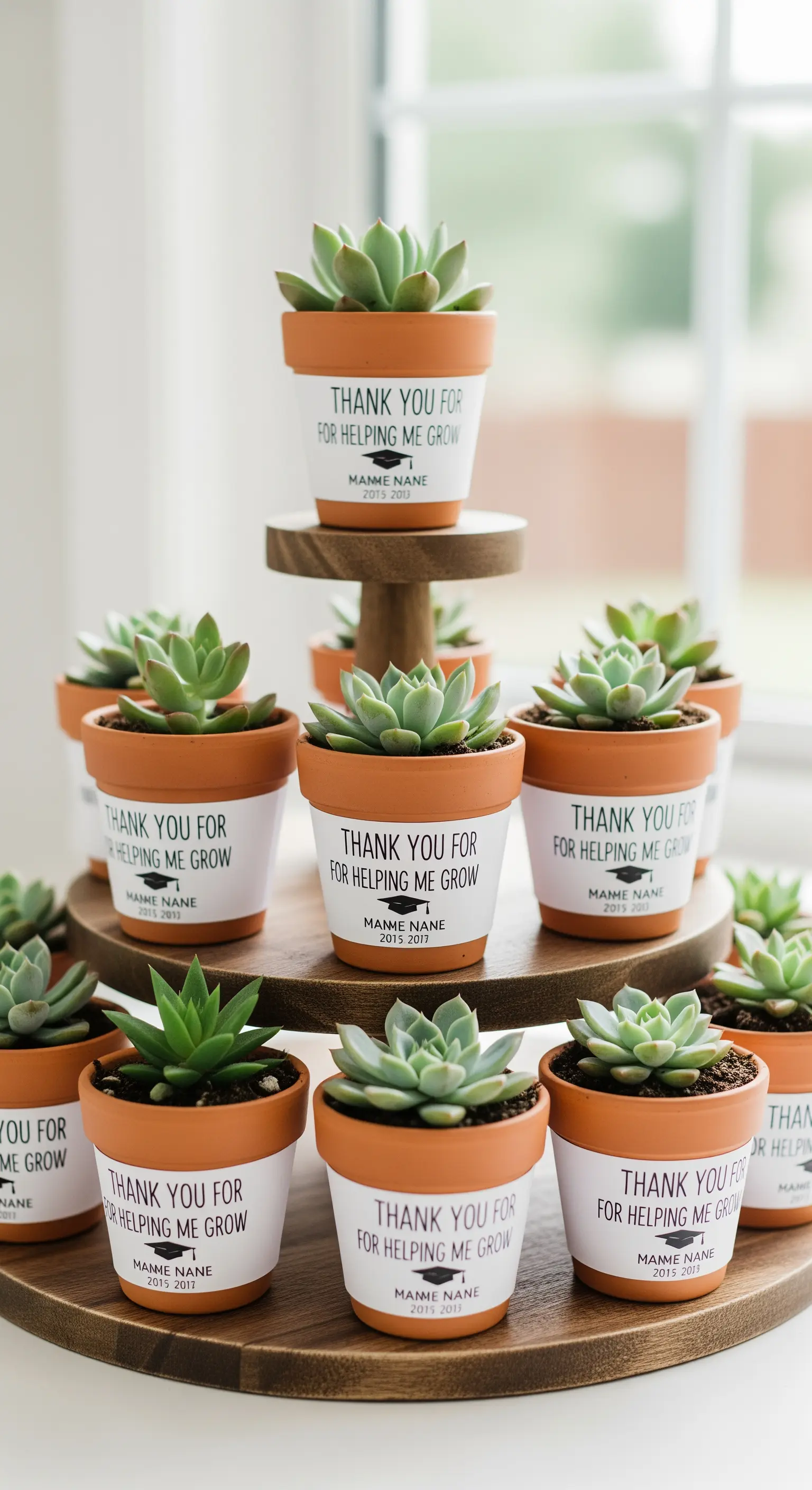 Bomboniere di laurea: piccole piante grasse in vasetti di terracotta con etichette personalizzate